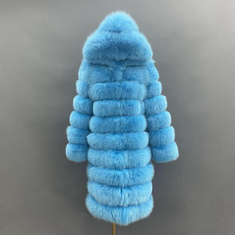Long Blue Fox Hooded Fox Fur Coat - Janefur