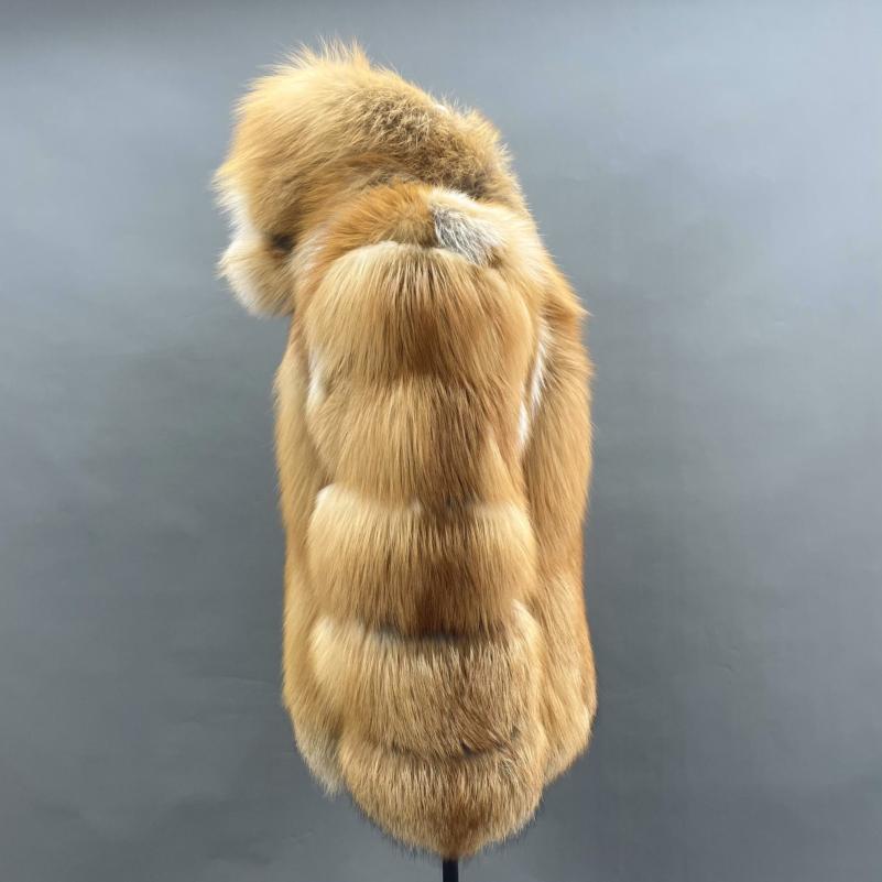 Men's Red Fox Fur Coat with Vertical Stripes and a Hood - Janefur