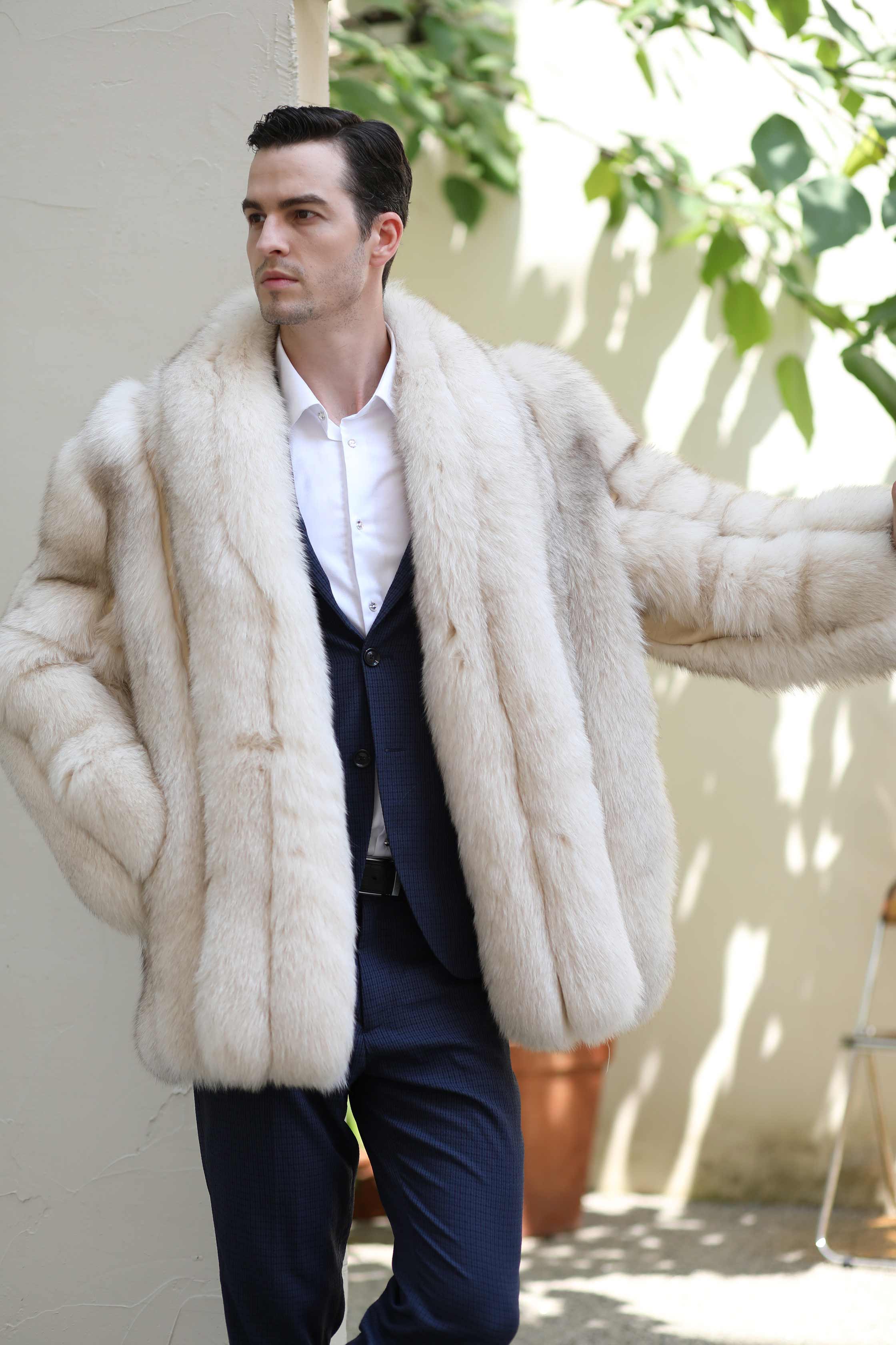 Warm Winter Luxury Blue Fox Vertical Stripes Real Fox Fur Coat - Janefur