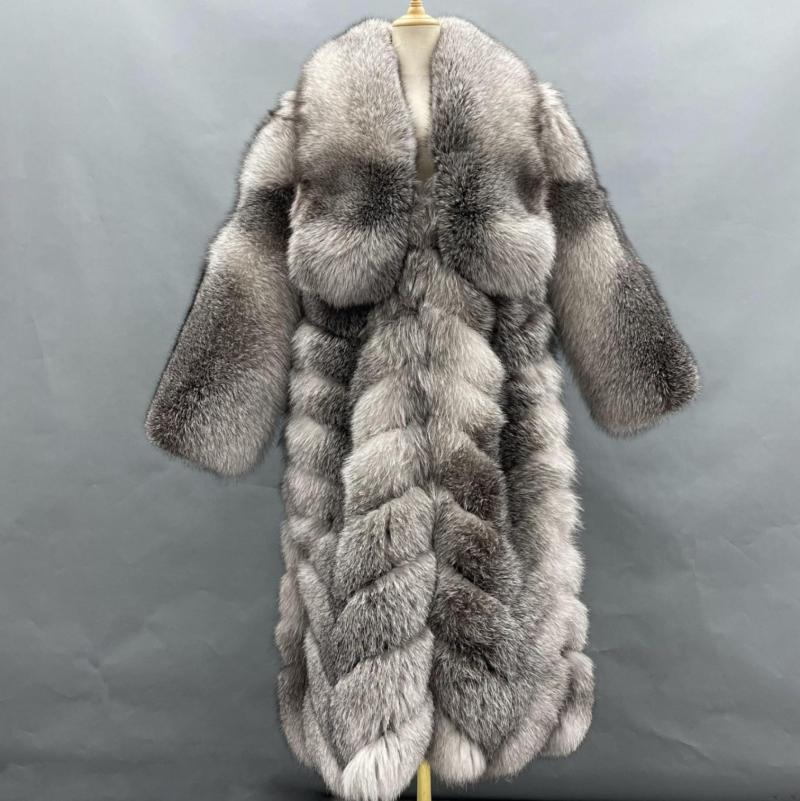 Fashion High-Quality Wholesale Custom Fox Fur Coat Luxury Large Lapel Diagonal Stripe Loose Coat - Janefur