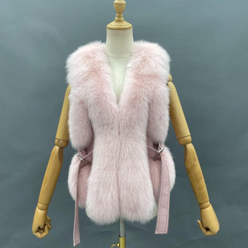 Ladies Fox Fur Vest Leather Buckle Tab - Janefur
