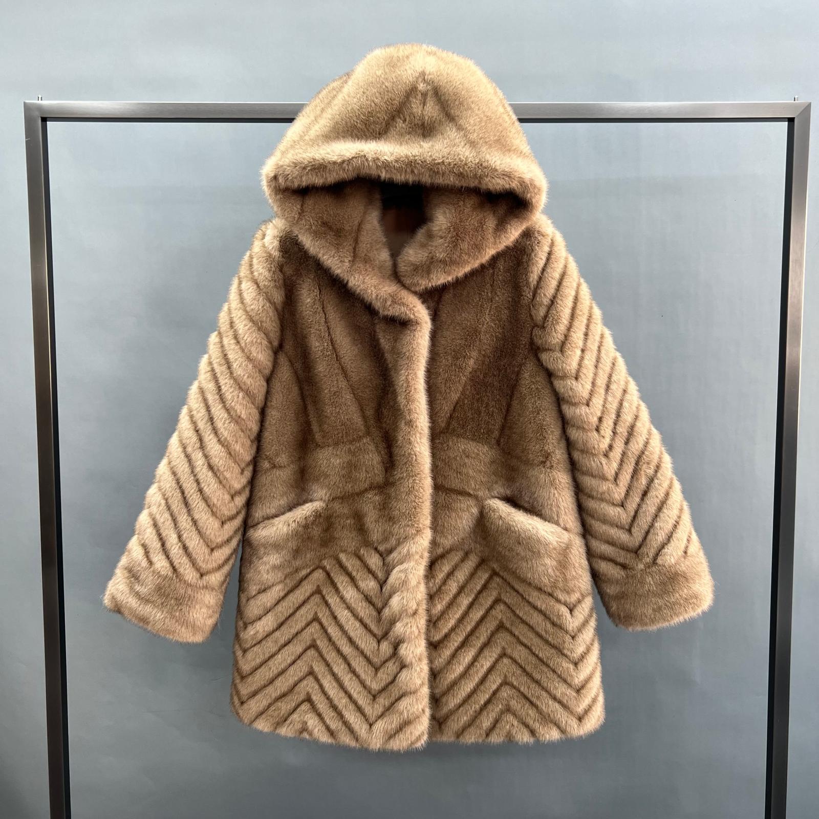 Women's Fashionable Windproof Hooded Pocket Faux Mink Fur Jacket - Janefur