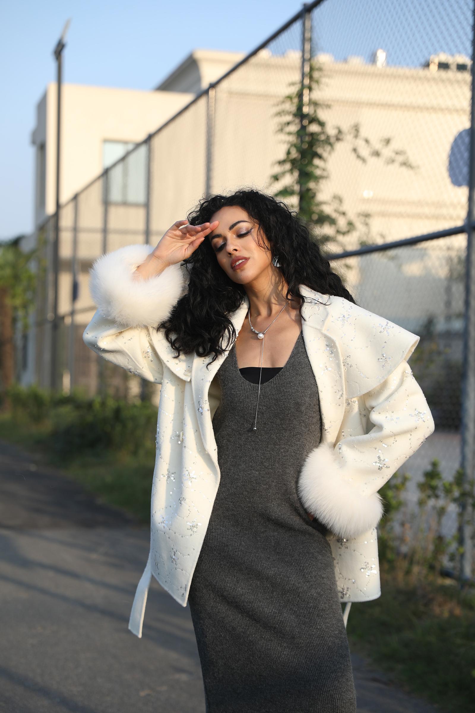 Double -faced Cashmere Outer Jacket for Women, Trendy Sequined Sash Double -faced Wool Coat - Janefur
