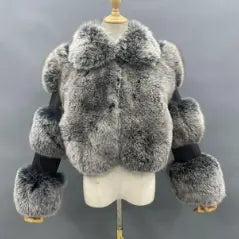 Women's Lapel Luxury Fox Jacket Full Fur Solid Color Short Style - Janefur