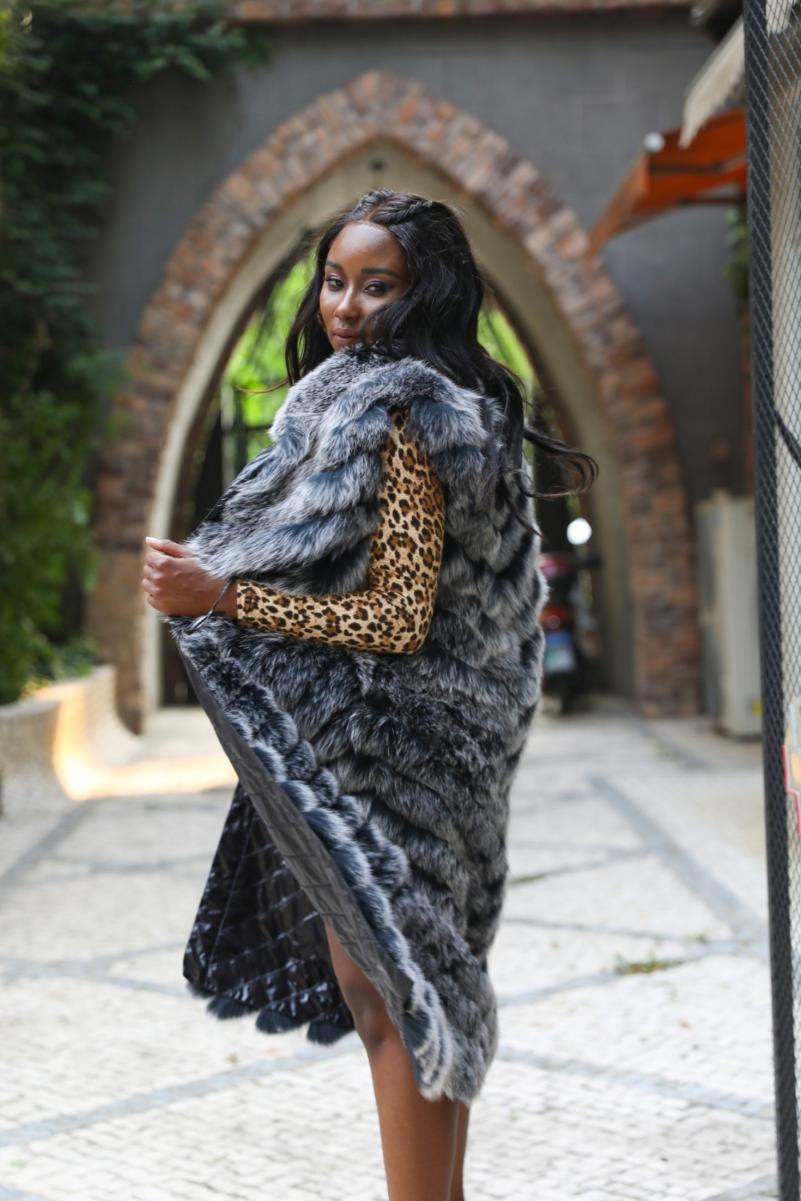 Double-Sided Fox Fur Diagonal Stripe Long Vest - Janefur