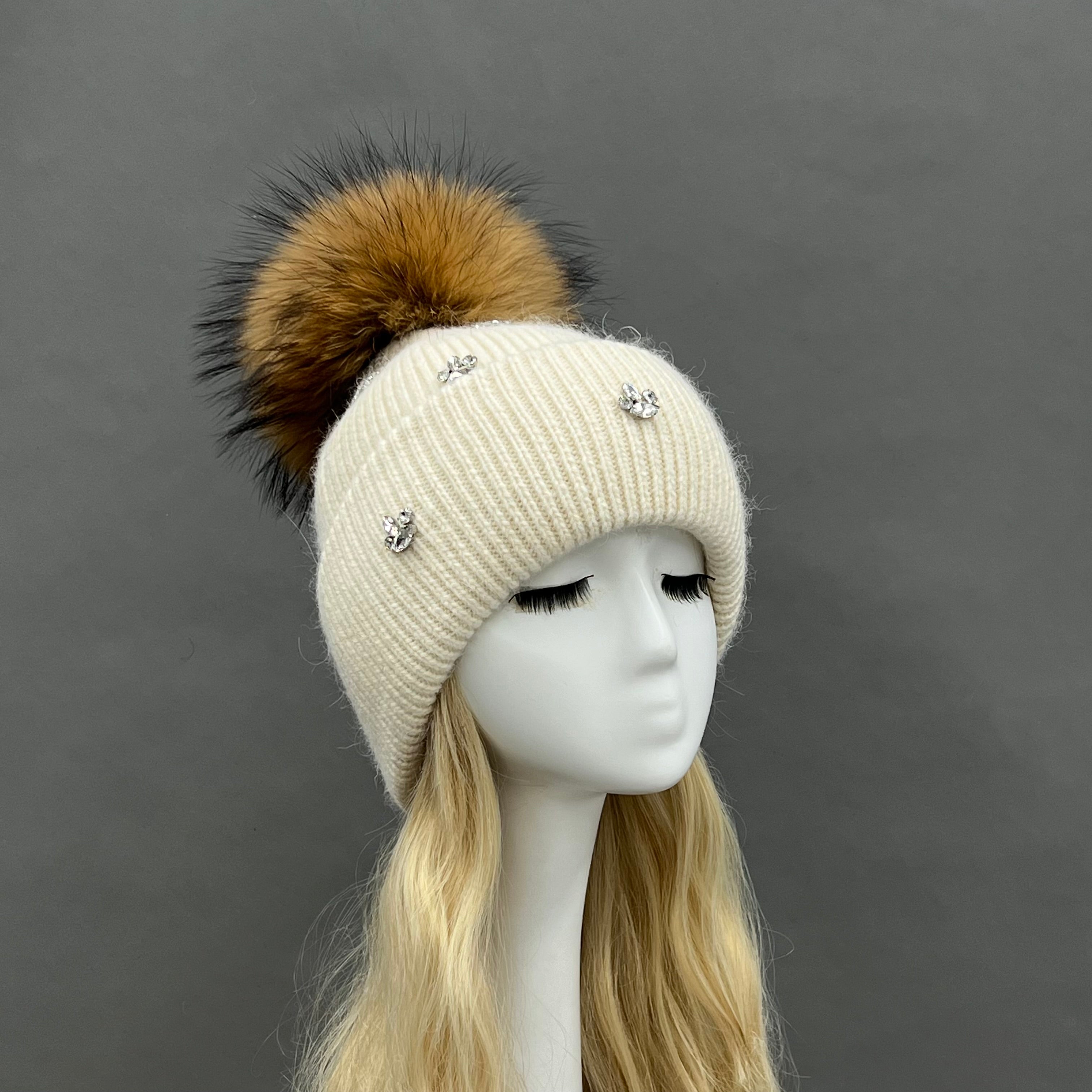 Ladies' Rabbit Fur Hat with Small Rhinestone Pompoms for Casual Wear - Janefur