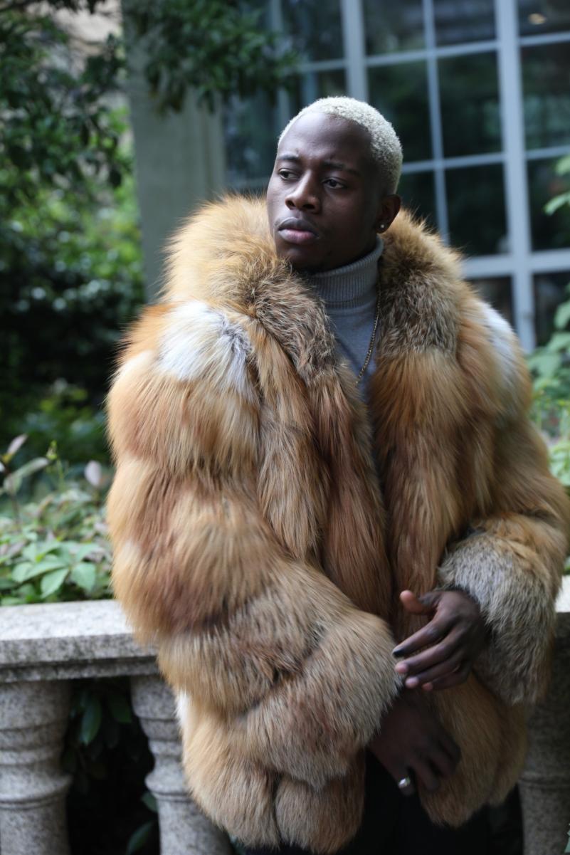Men's Red Fox Fur Coat with Vertical Stripes and a Hood - Janefur