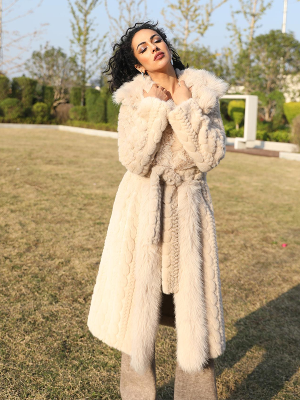 Eco-Friendly Faux Mink Fur Women's Long Coat with Suit Collar and Placket - Janefur