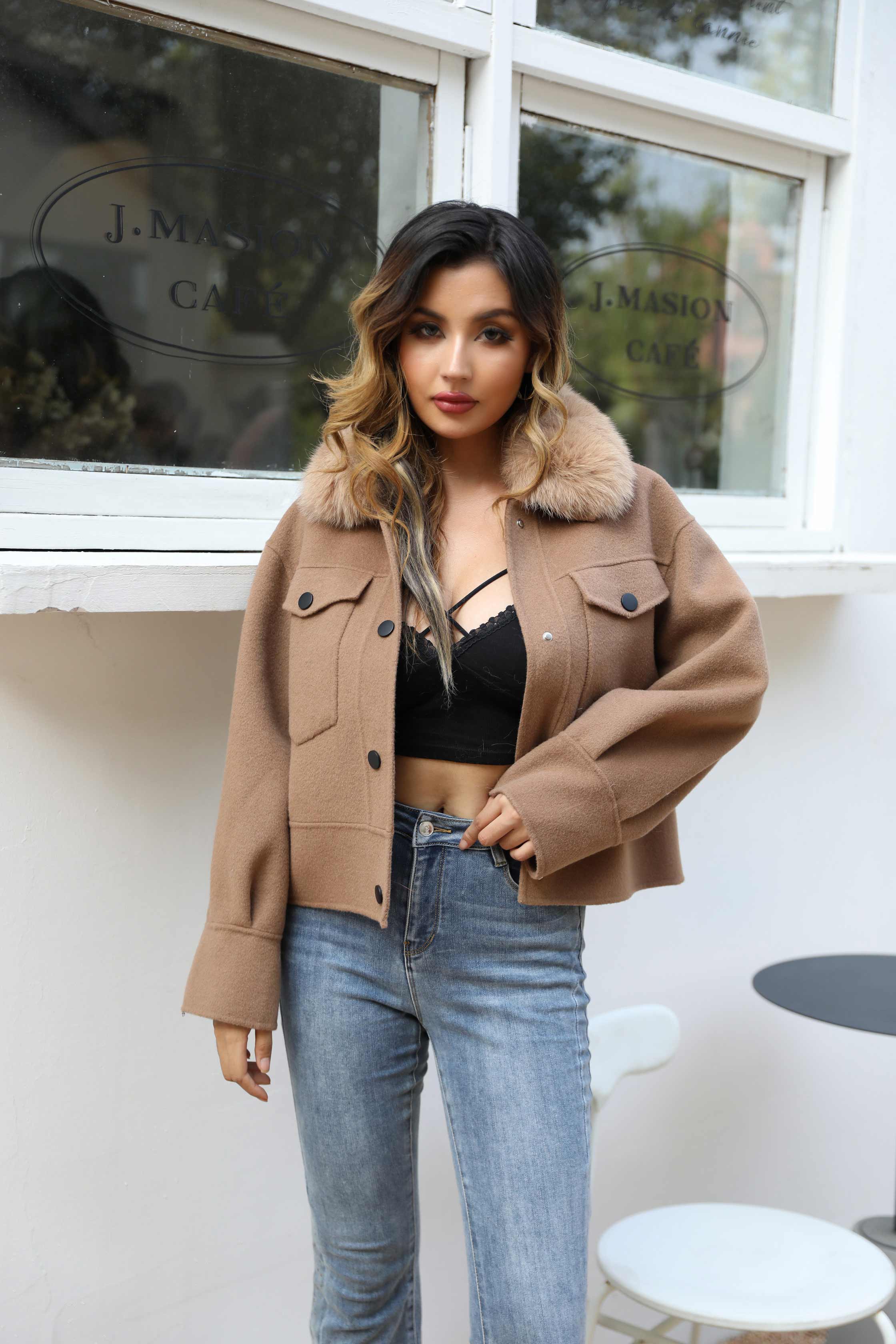 Women's Short Fox Fur Lapel Buckle Fly Casual Cashmere Jacket - Janefur
