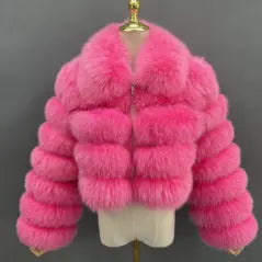 Women's Short Zip Fox Leather Jacket Square Neck Fluffy Fashion Coat - Janefur