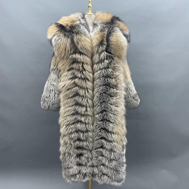 Men's Long Coat with a Golden Island Fox Fur Collar and Buttoned Front - Janefur