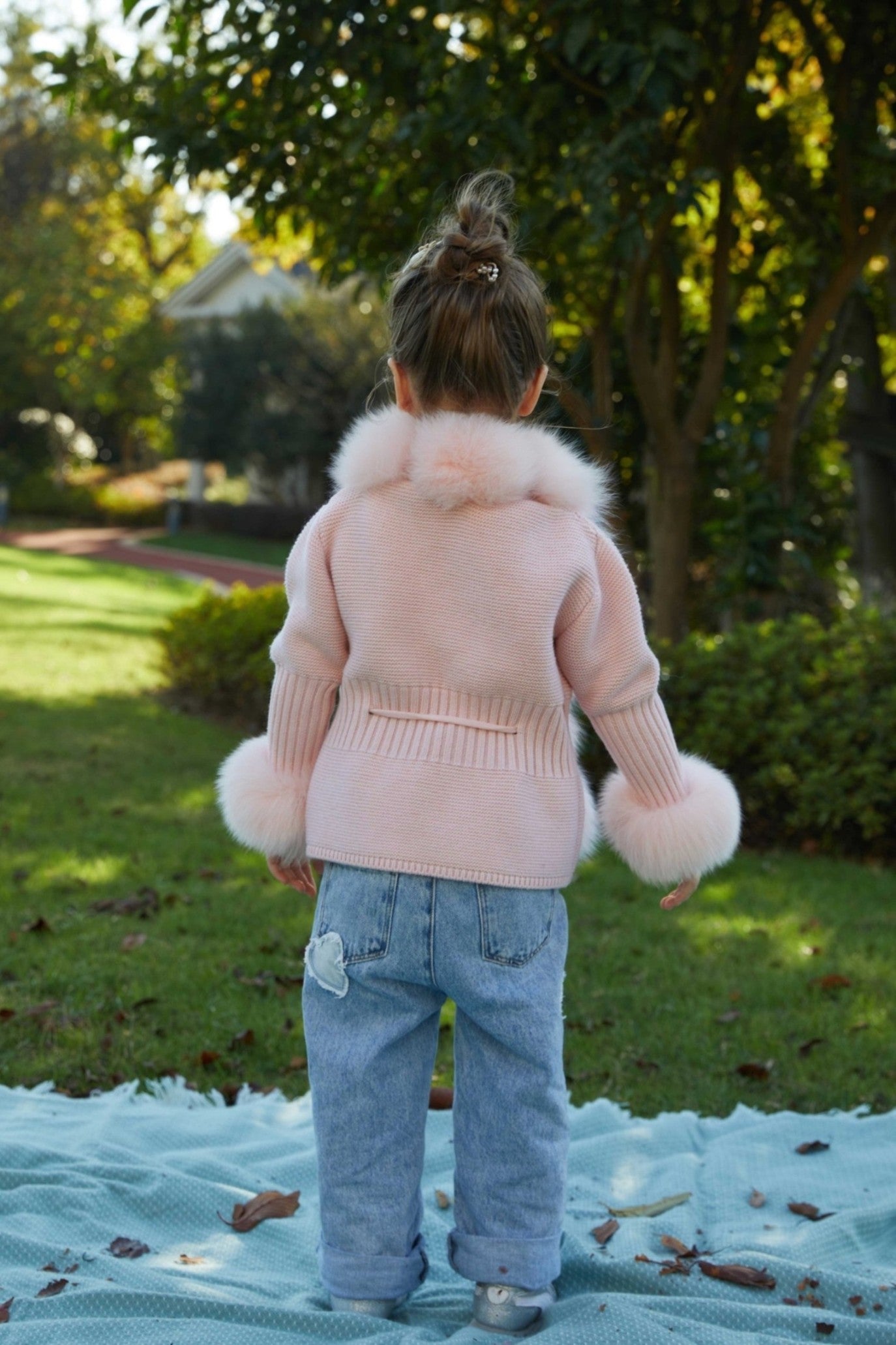 Little Girl's Pink Knitted Children's Coat With Fox Fur Trim - Janefur