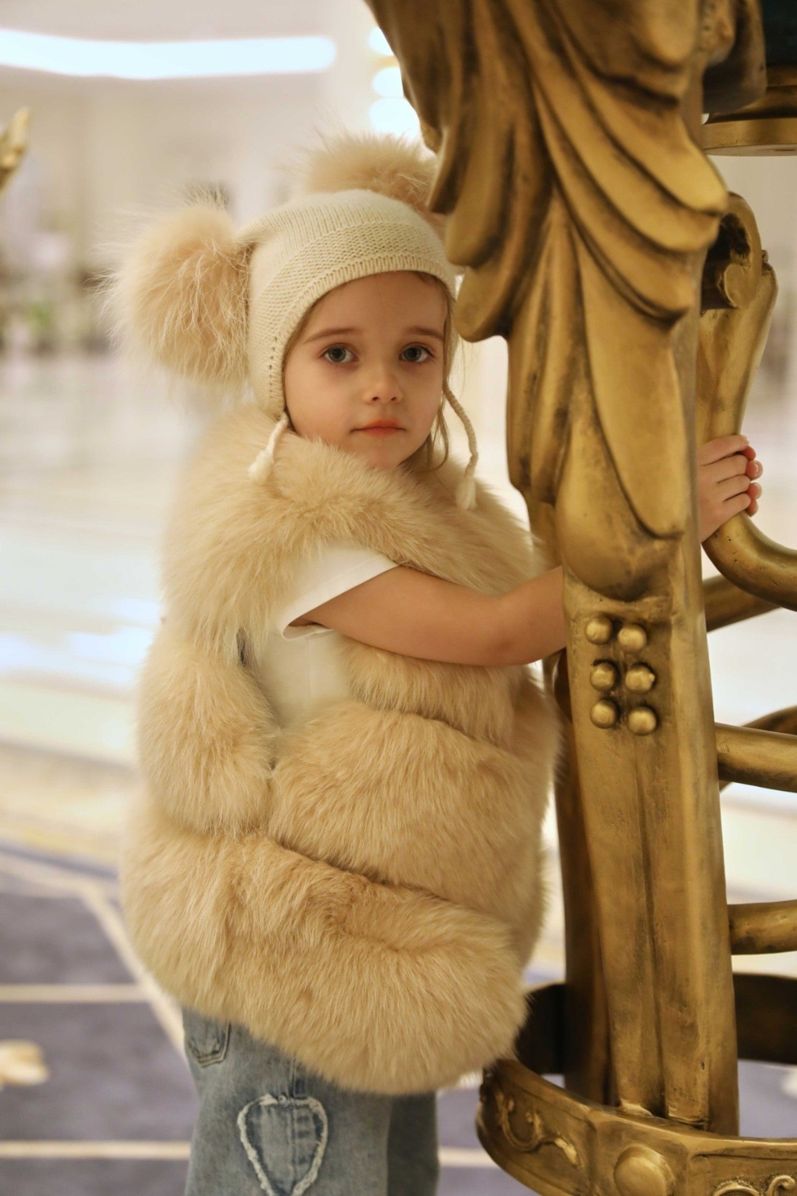 Kids Cute Pigtails Angora Double Raccoon Fur Pom Pom Hat - Janefur