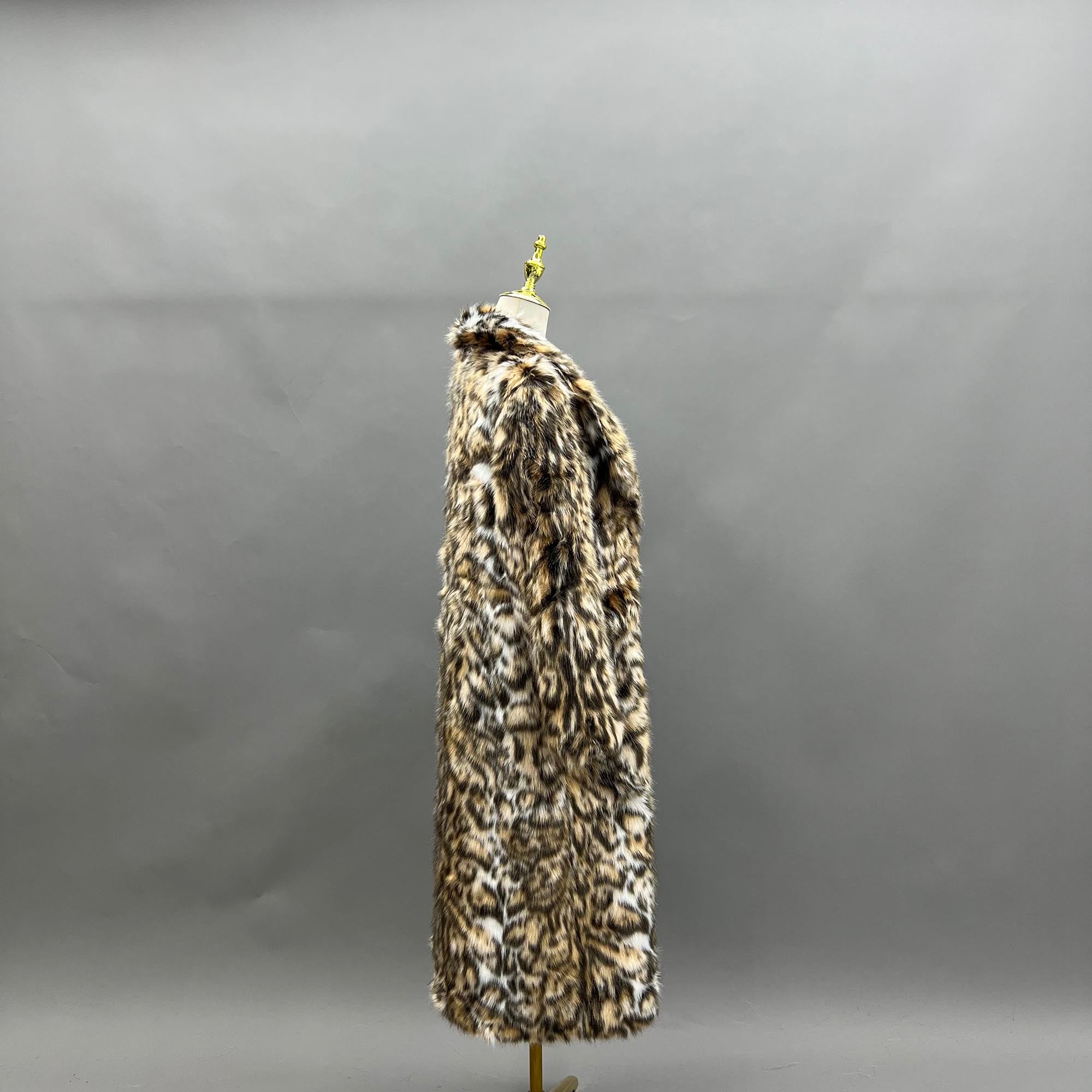 Eco-Friendly Faux Fur Coat Women's New Style Mandarin Collar Leopard Pattern Long Jacket - Janefur