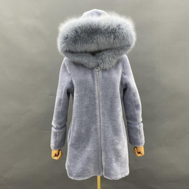 Creamy White Hooded Fox Fur Collar Shearling - Janefur