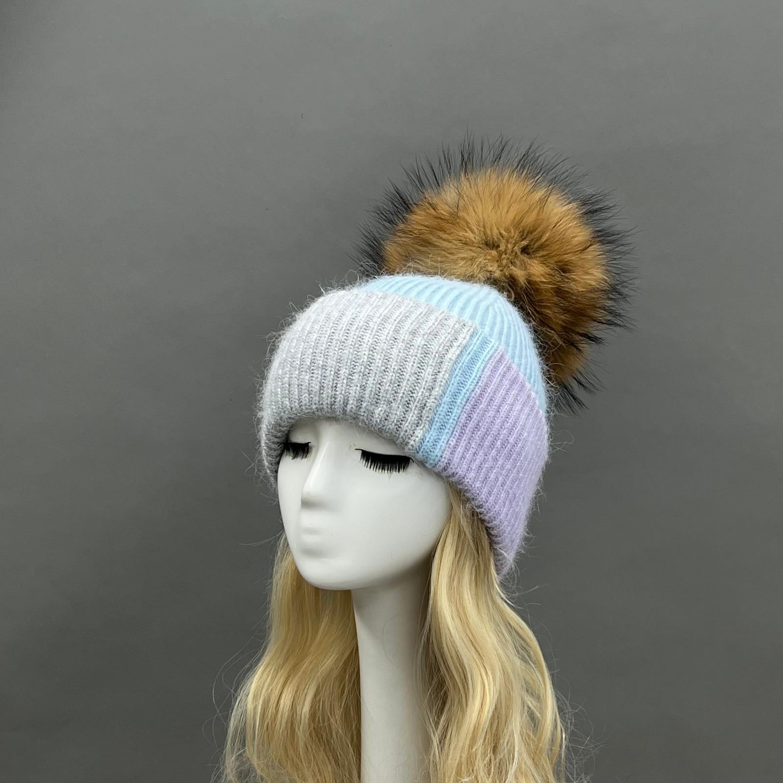 Women's Color-Blocked Trendy Rabbit Fur Hat with Pom Poms for Warmth - Janefur