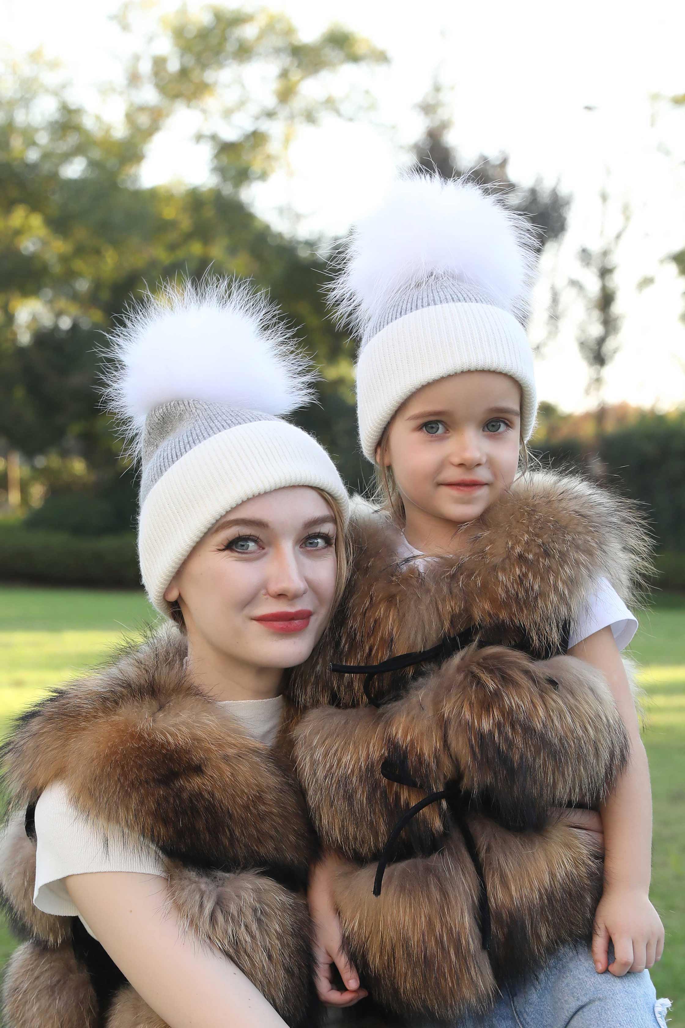 Contrast Color Angora Knitted Fur Pom Pom Warm Beanie Hat For Adults and Children - Janefur