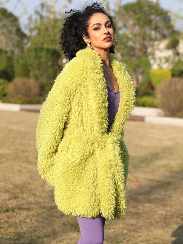 Eco-Friendly Faux Fur Coat Women's Stylish Suit Collar Belted Faux Fur Jacket - Janefur