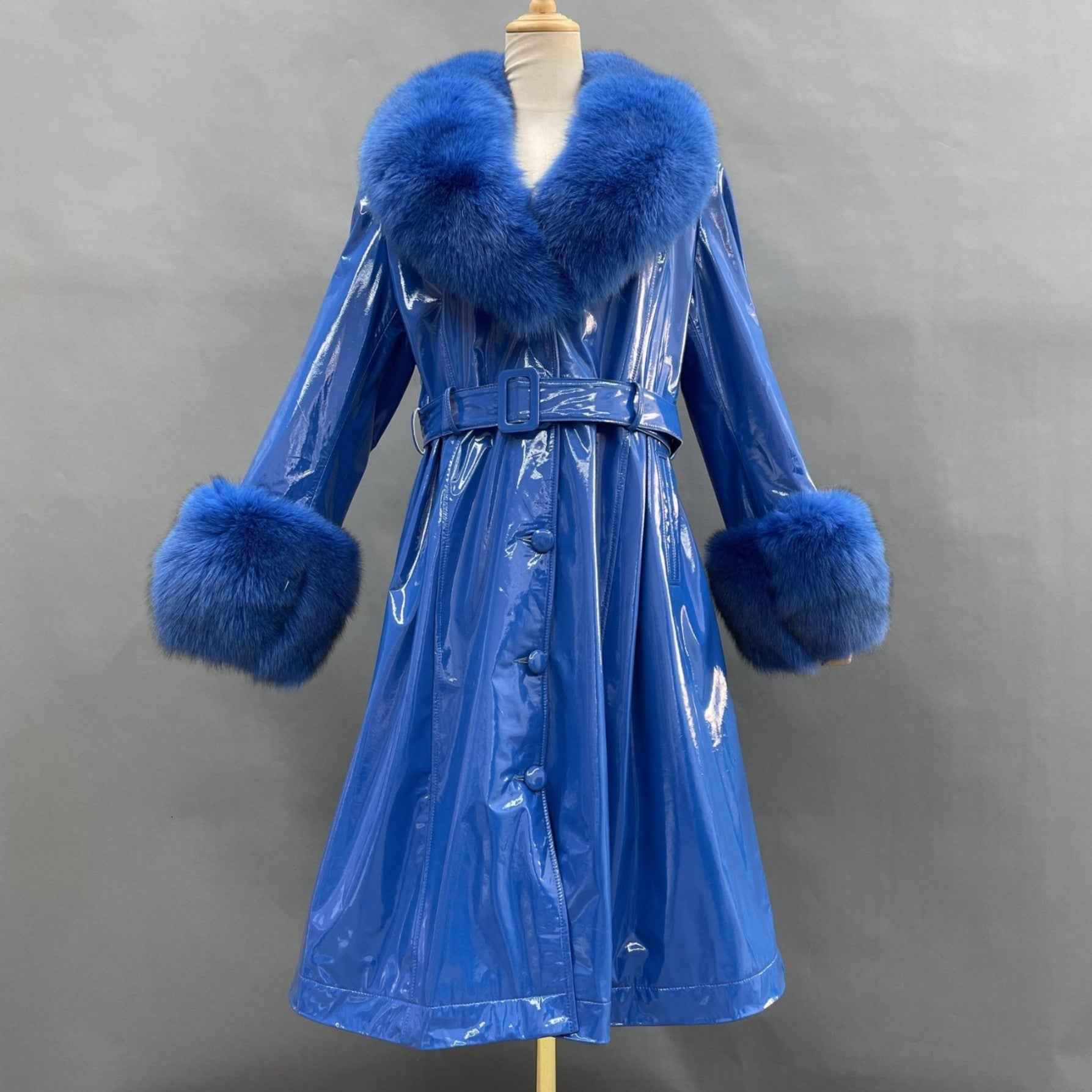 Women's Winter Large Flip Lapel Collar Fur Terry Long Shiny Leather Jacket - Janefur