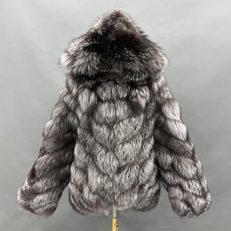 Silver fox diagonal stripe coat with a hood - Janefur