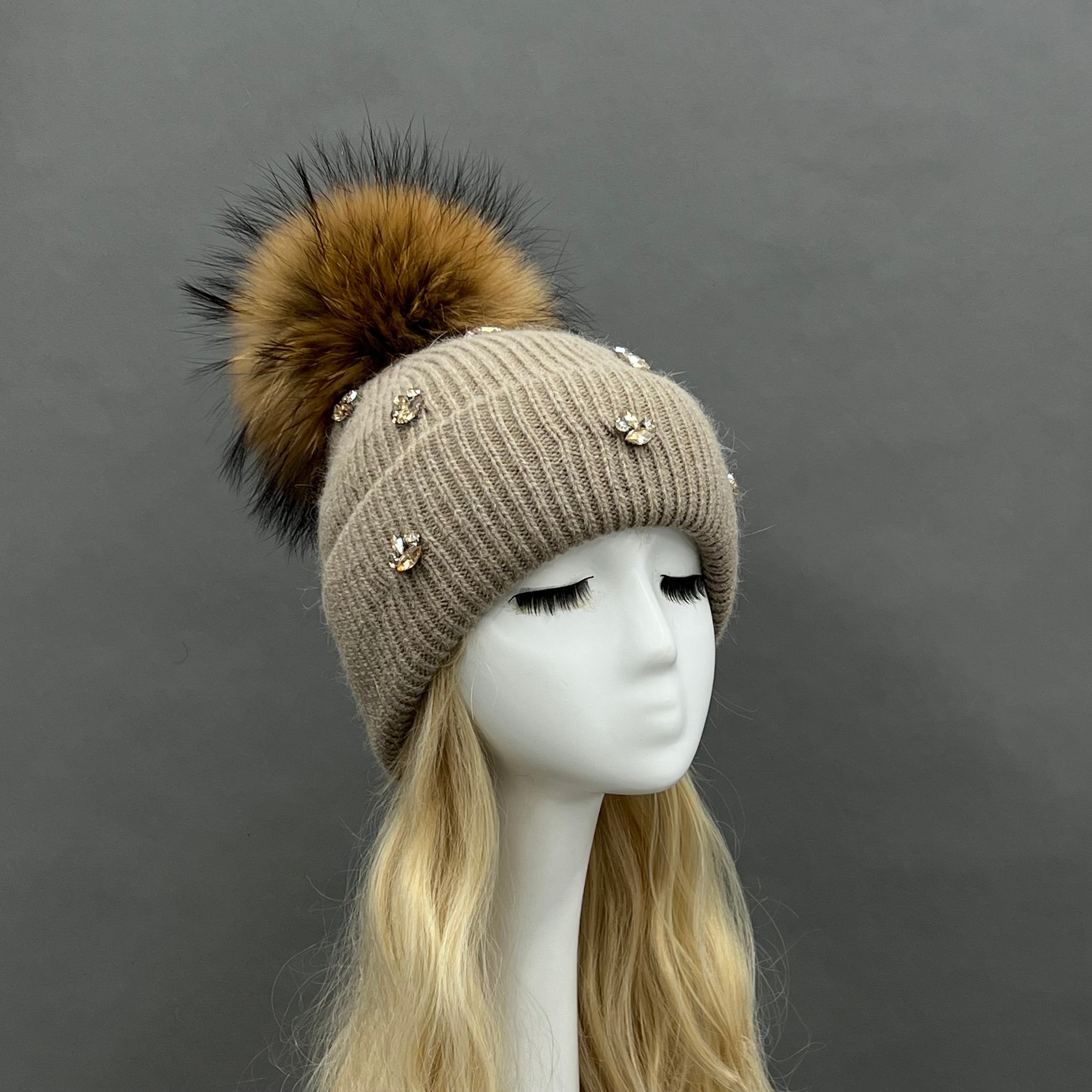 Ladies' Rabbit Fur Hat with Small Rhinestone Pompoms for Casual Wear - Janefur