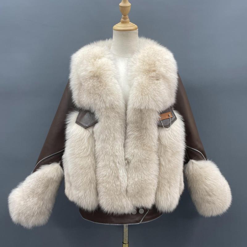Fashion Design Zipper Women's Real Fox Fur Spliced Sheepskin Luxury Coat - Janefur