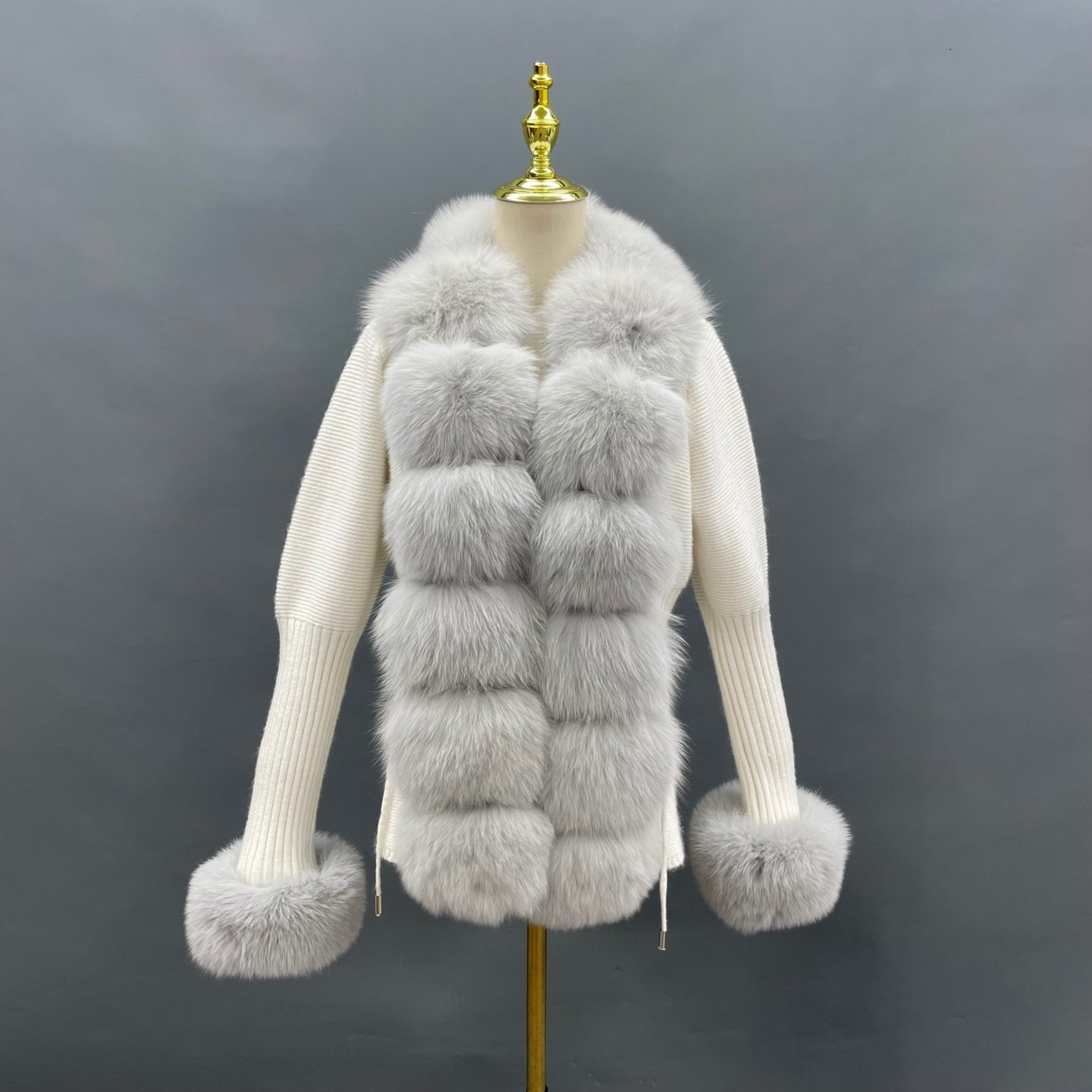 Women's Fashion Cuff Lapel with Fox Fur Knit Cardigan - Janefur