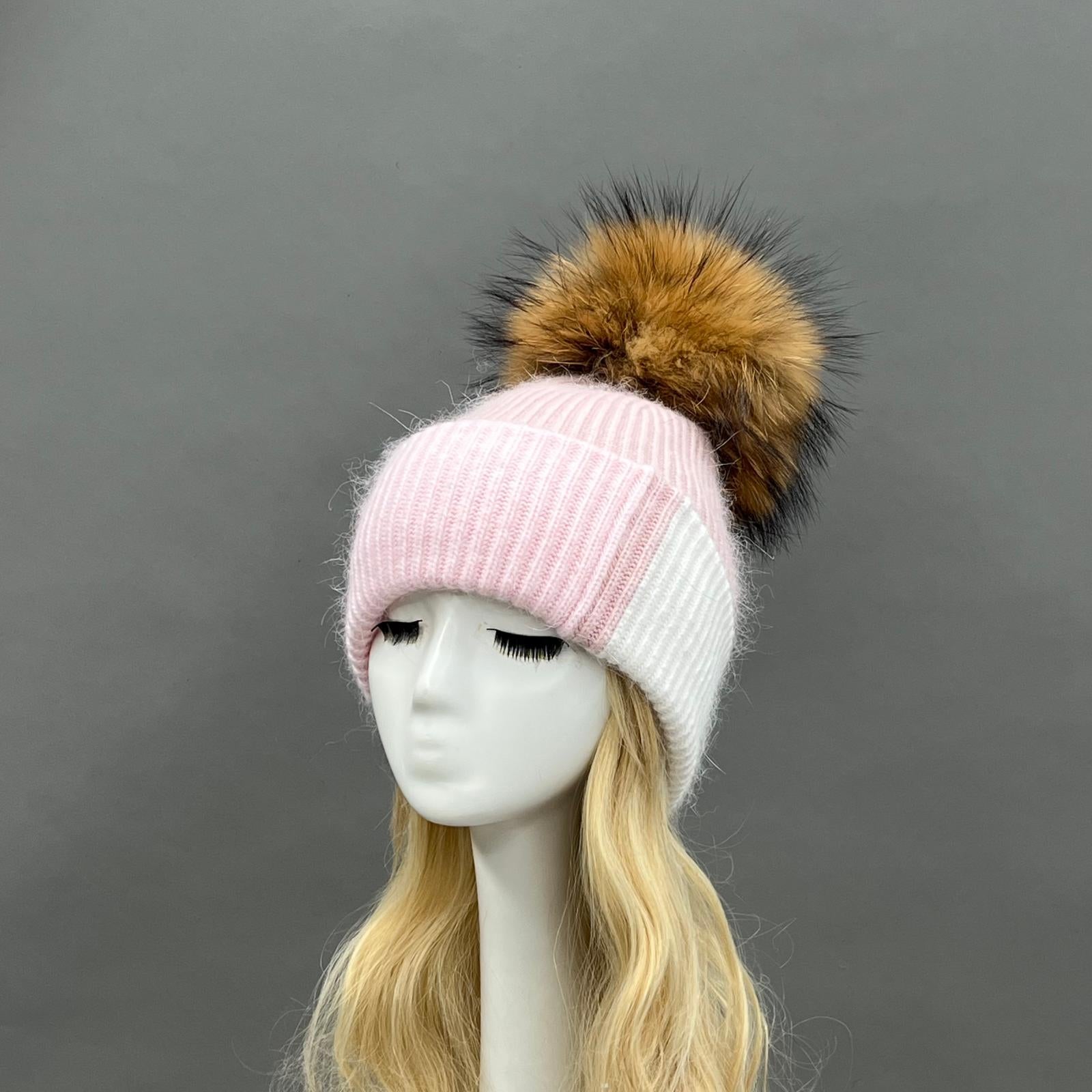 Women's Color-Blocked Trendy Rabbit Fur Hat with Pom Poms for Warmth - Janefur