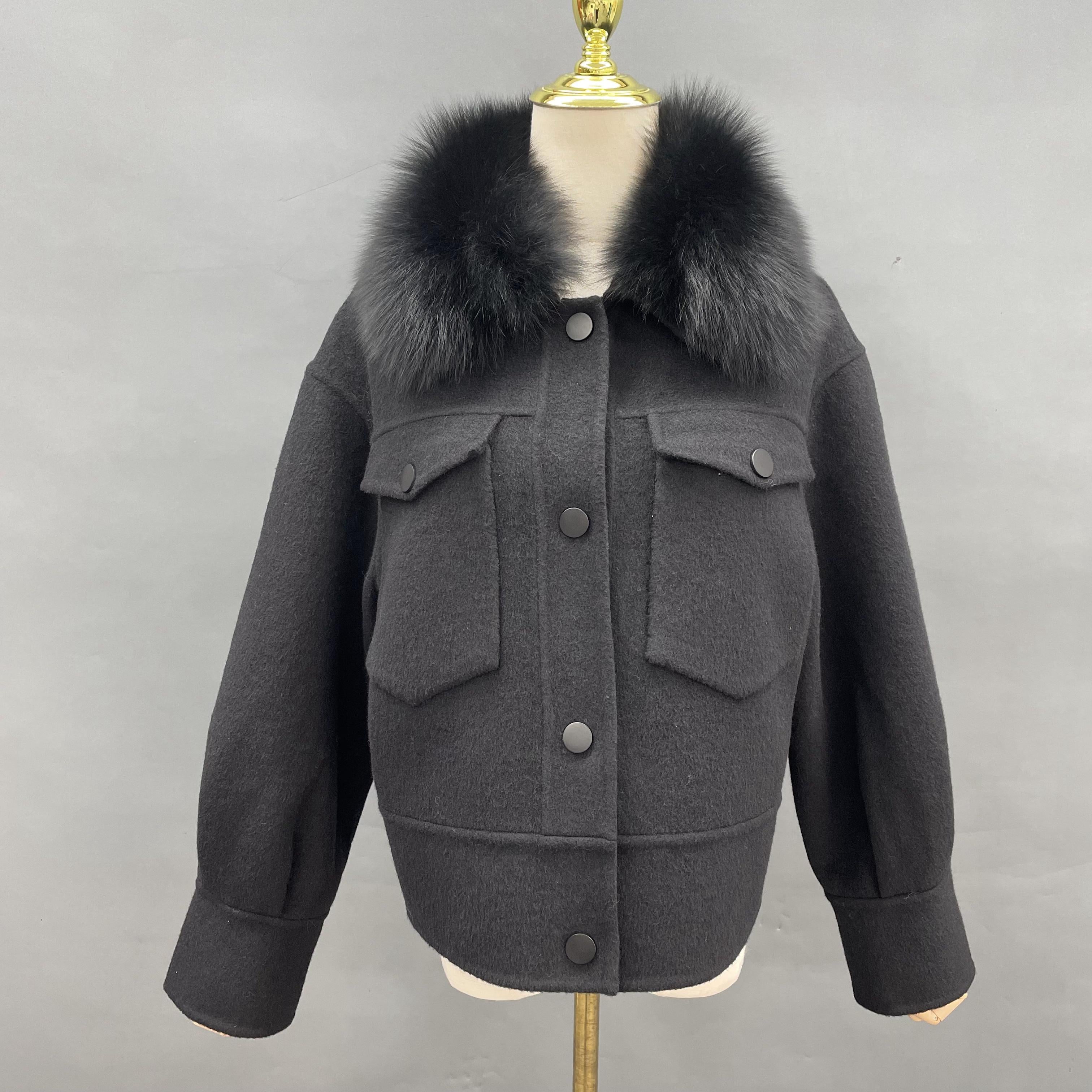 Women's Short Fox Fur Lapel Buckle Fly Casual Cashmere Jacket - Janefur