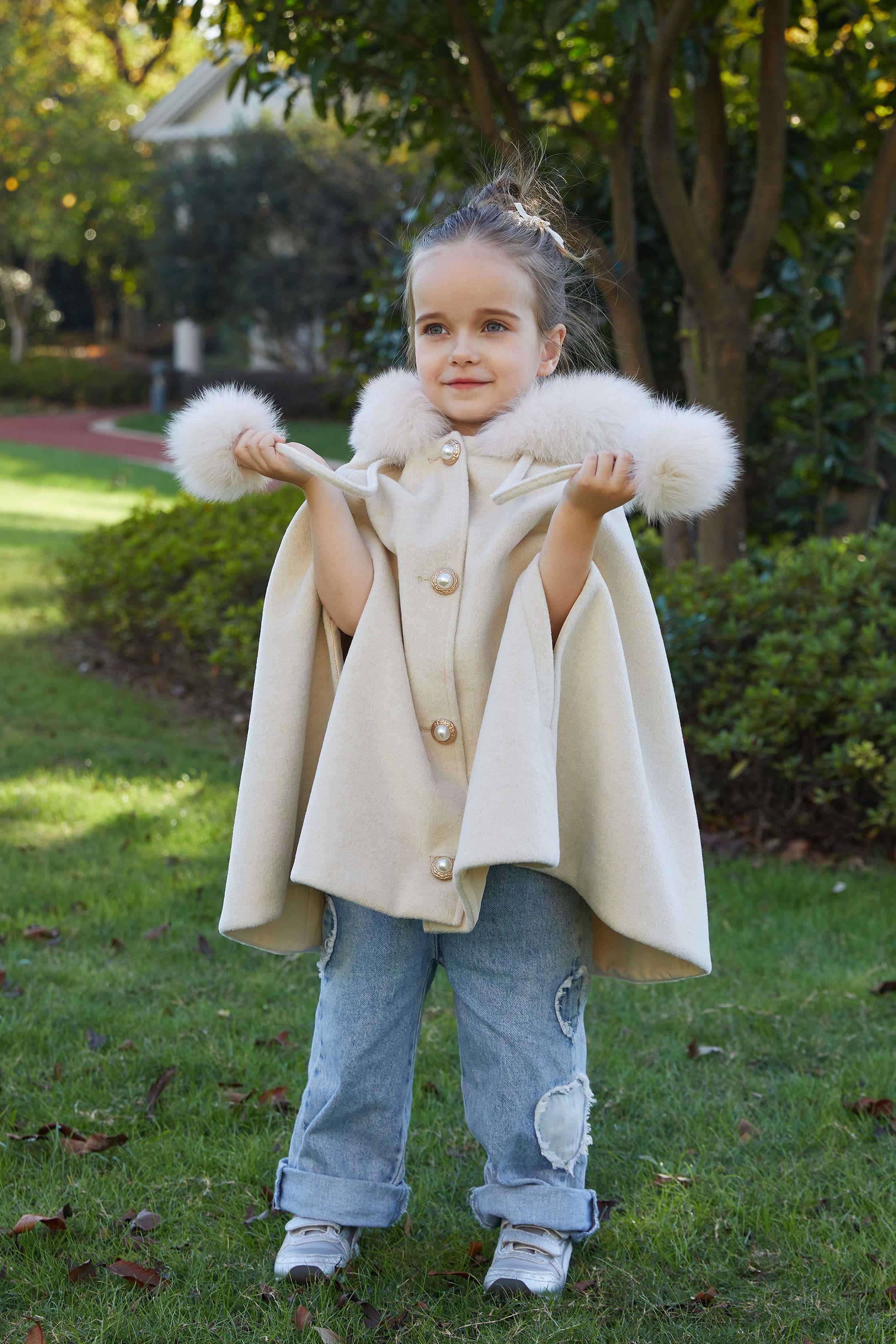 New Children's Double Fur Ball Hooded Poncho Shawl - Janefur