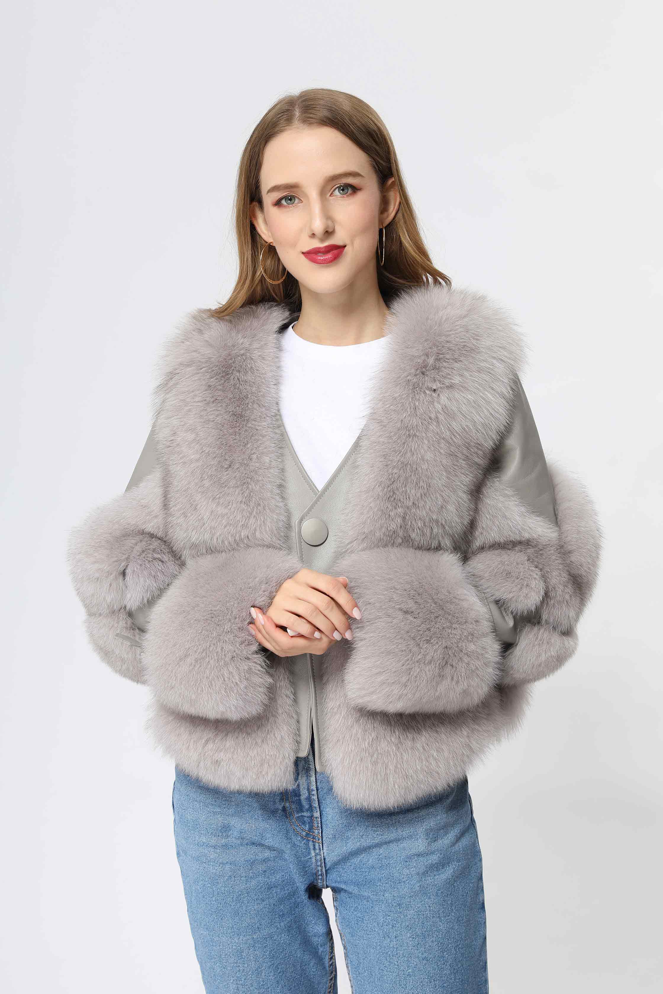 Short Style One Button Women's Real Fox Fur Fashion Jacket - Janefur