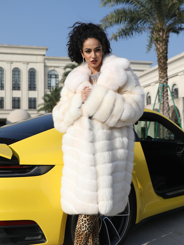Women's Luxurious Fox Fur Lapel Striped Long Coat Fur Jacket - Janefur