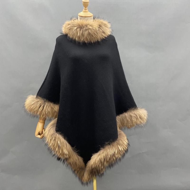 Collar and Hem Raccoon Fur Stripe Knitted Cape - Janefur
