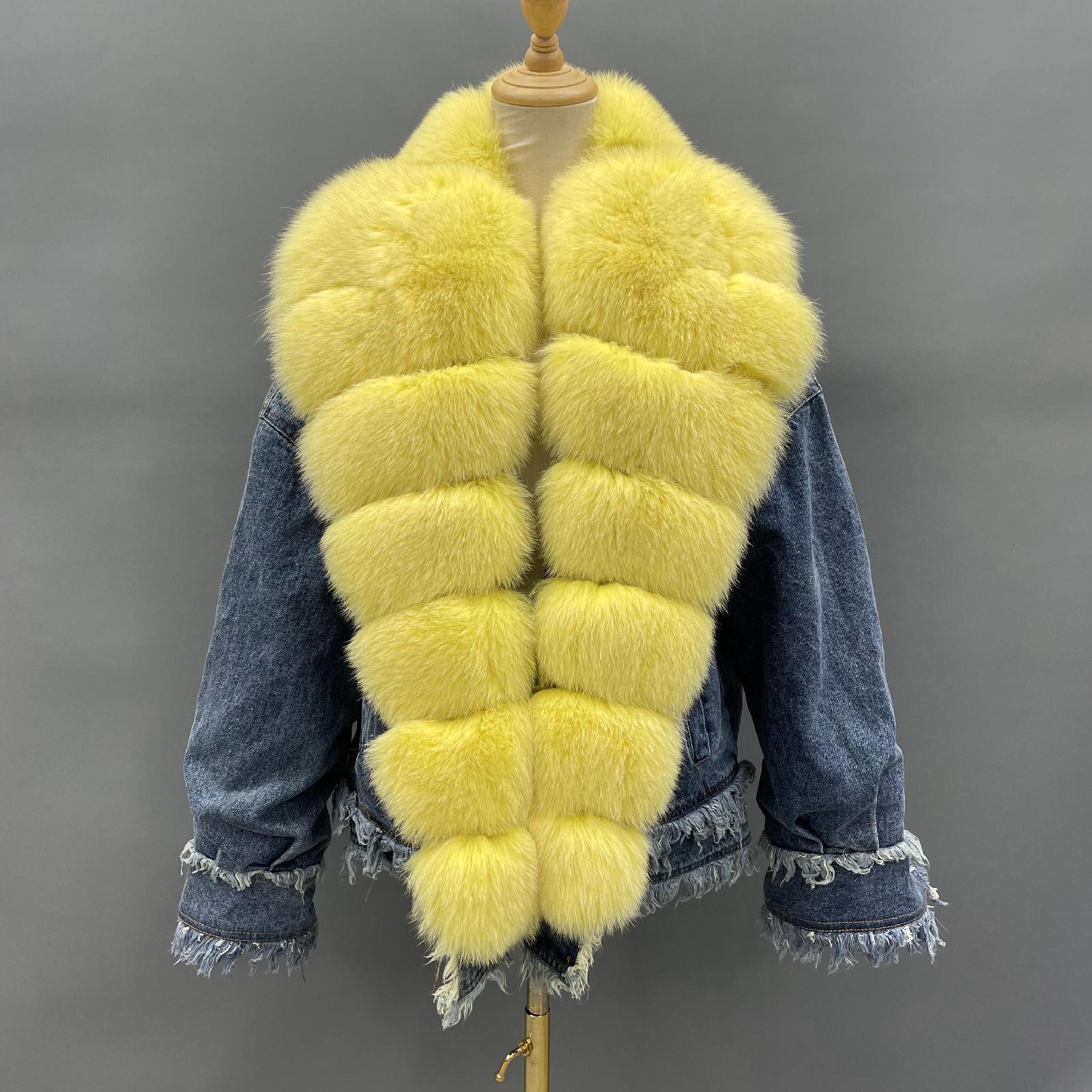 Women's Denim Jacket Leather Large Fox Fur Collar Winter Luxury Coat Fluffy Jacket Denim Blue Down Outerwear - Janefur