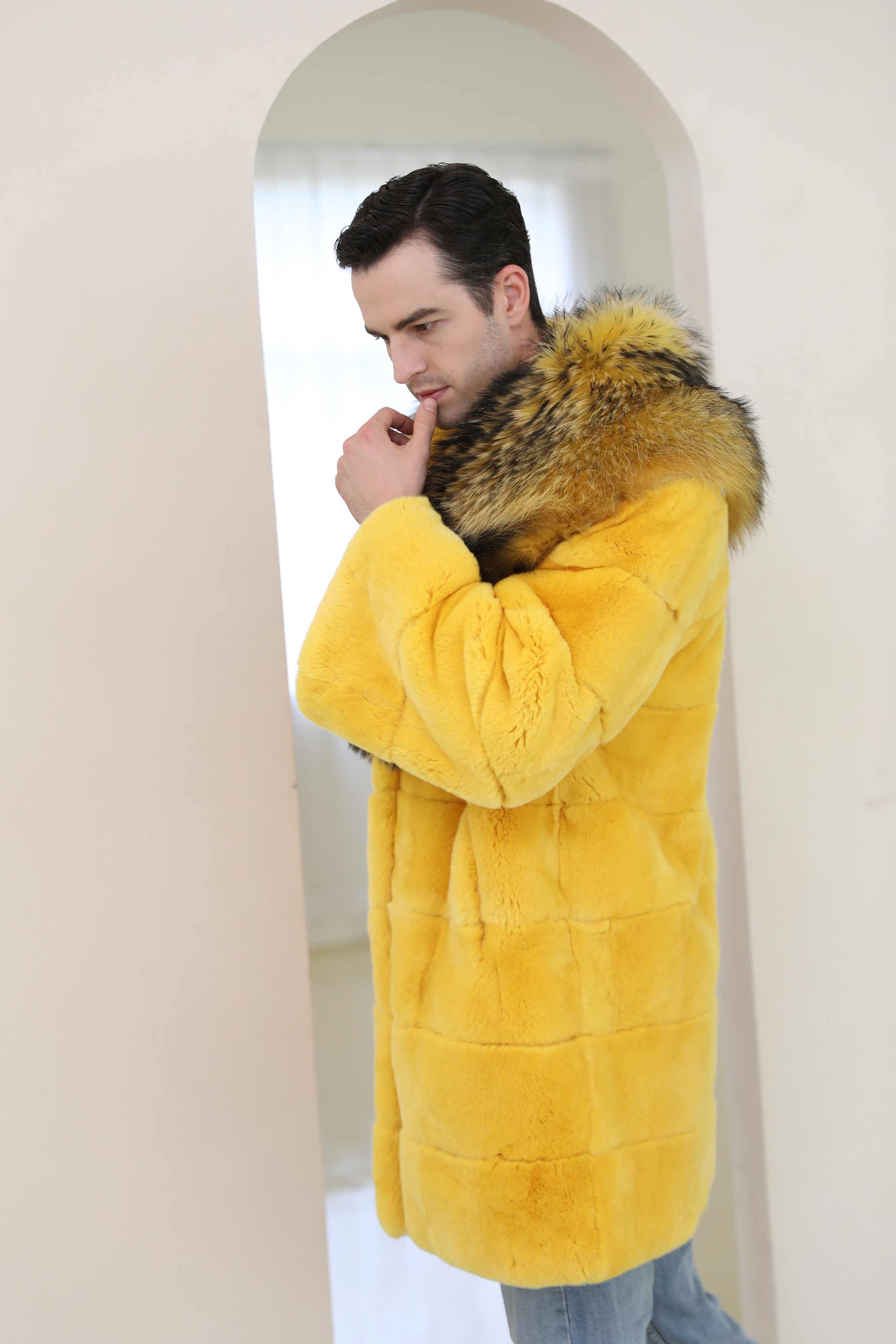 Luxury Winter Men's Long Raccoon Fur Collar Rabbit Fur Coat - Janefur