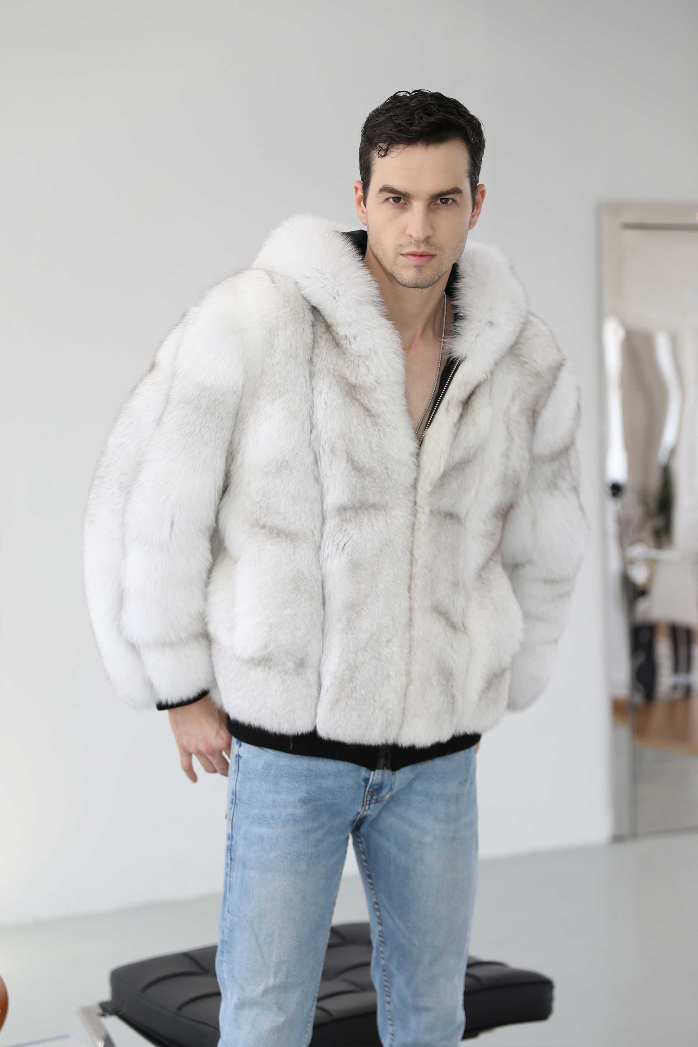 Men's Fashion Design Fox Leather Jacket Hood Casual Style Coat - Janefur