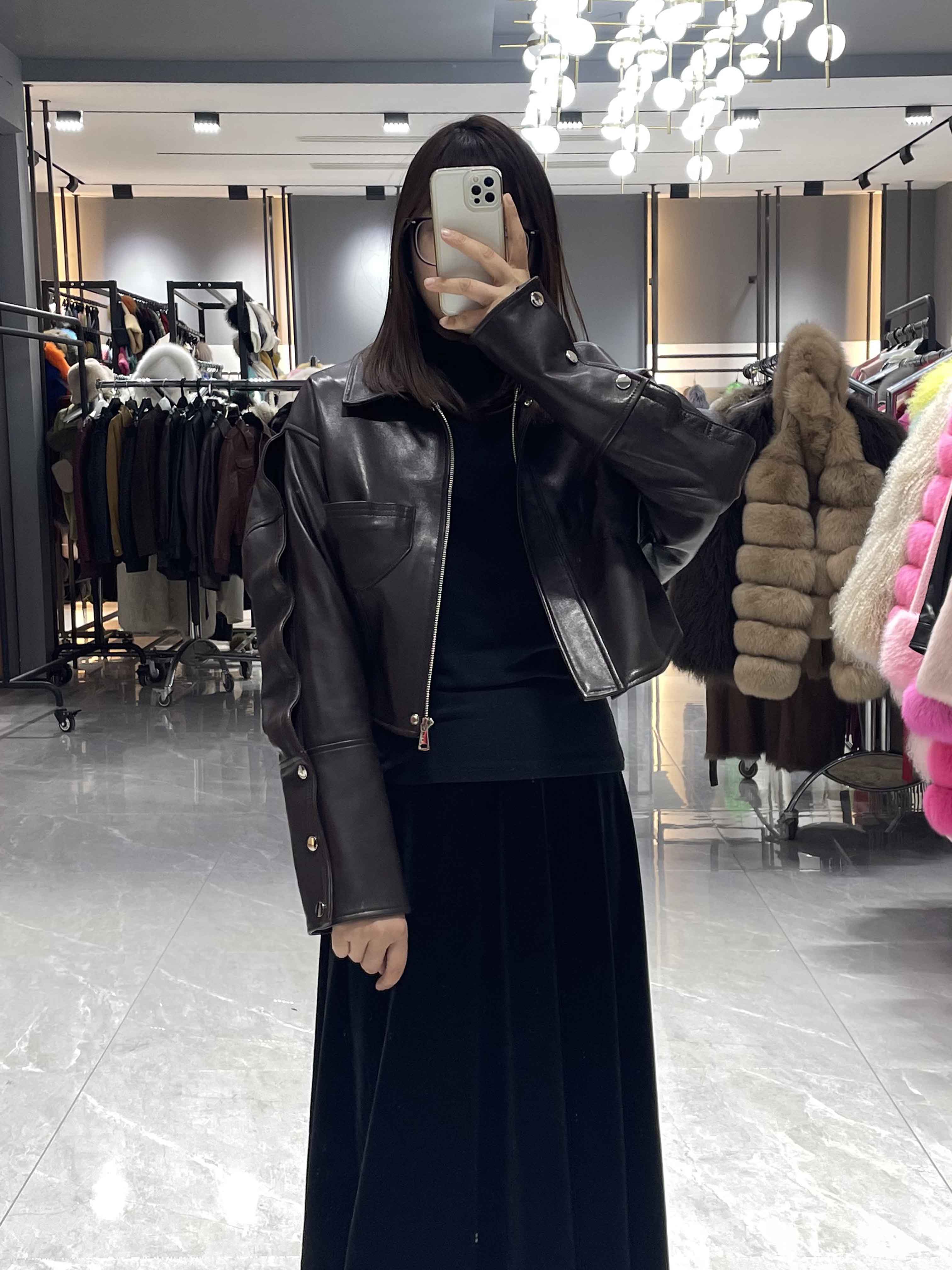 Leather Cropped Jacket with Button Details - Janefur