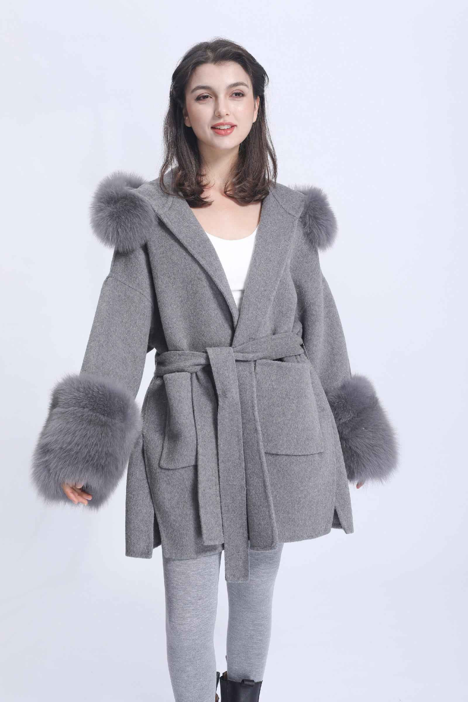 Double-faced Wool Coat Women's Casual Short Style with Cuffed Fur Sleeves, Hood, and Fur Collar Cashmere Jacket - Janefur