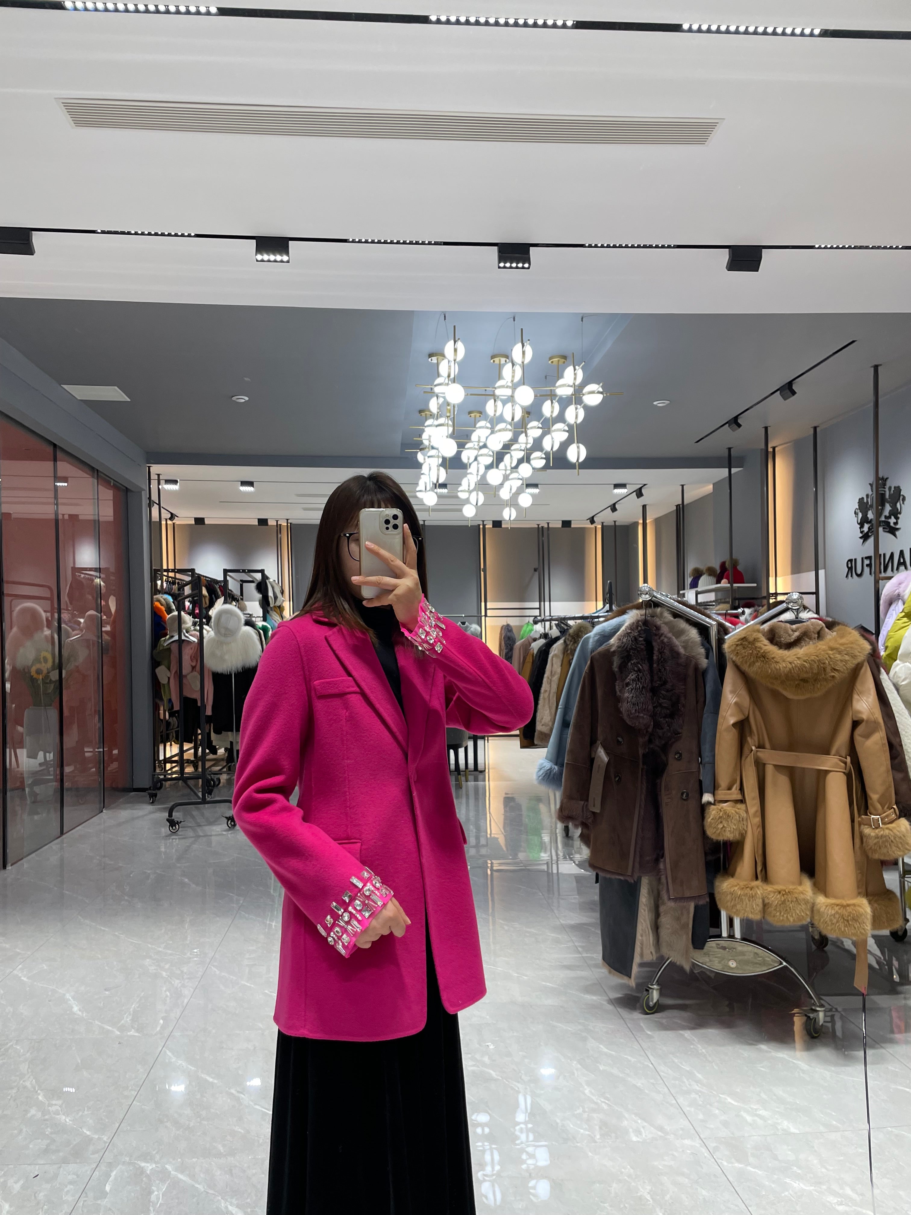 Tailored Double-Faced Wool Blazer with Rhinestone Cuff Embellishments – Hot Pink Statement Coat for Women - Janefur