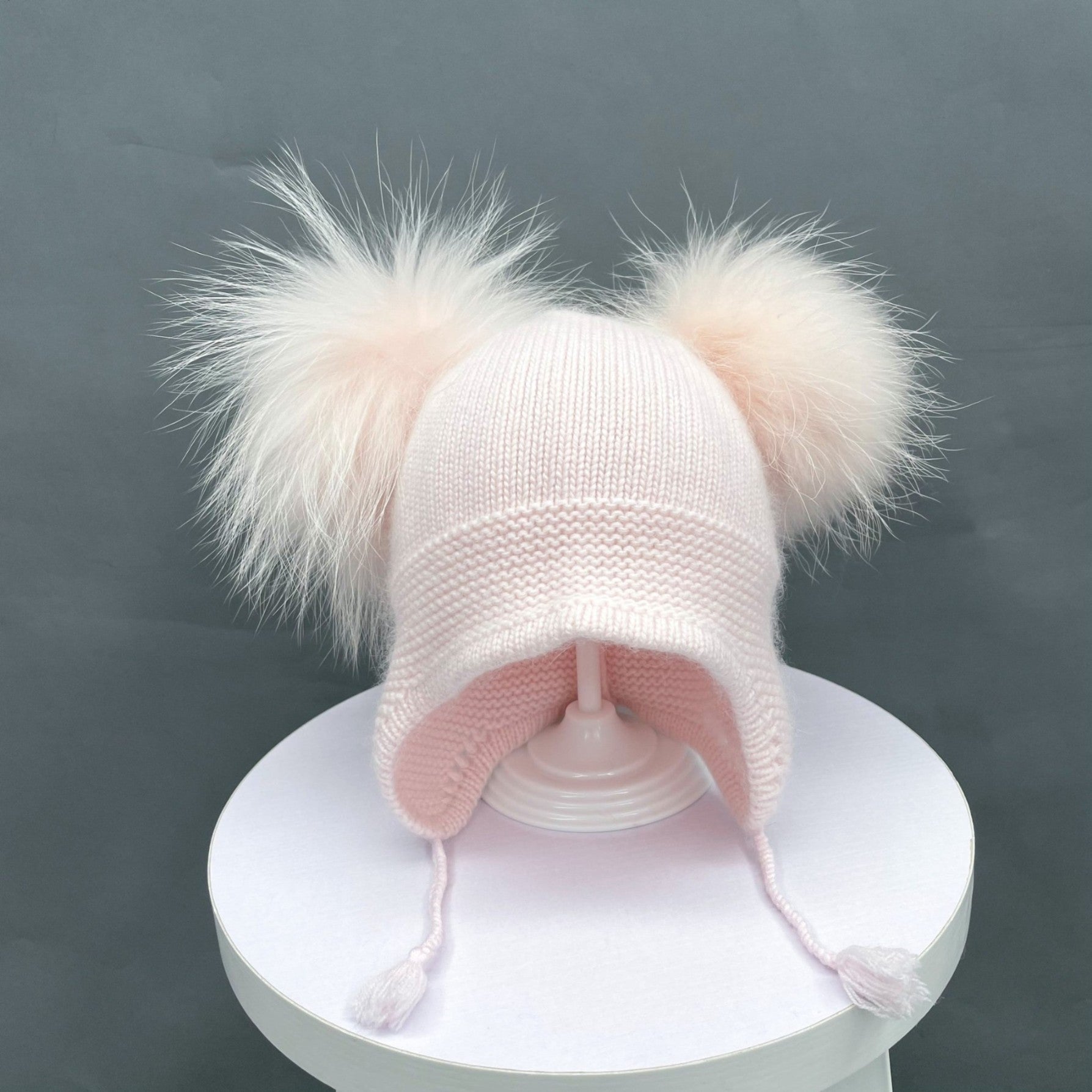 Kids Cute Pigtails Angora Double Raccoon Fur Pom Pom Hat - Janefur