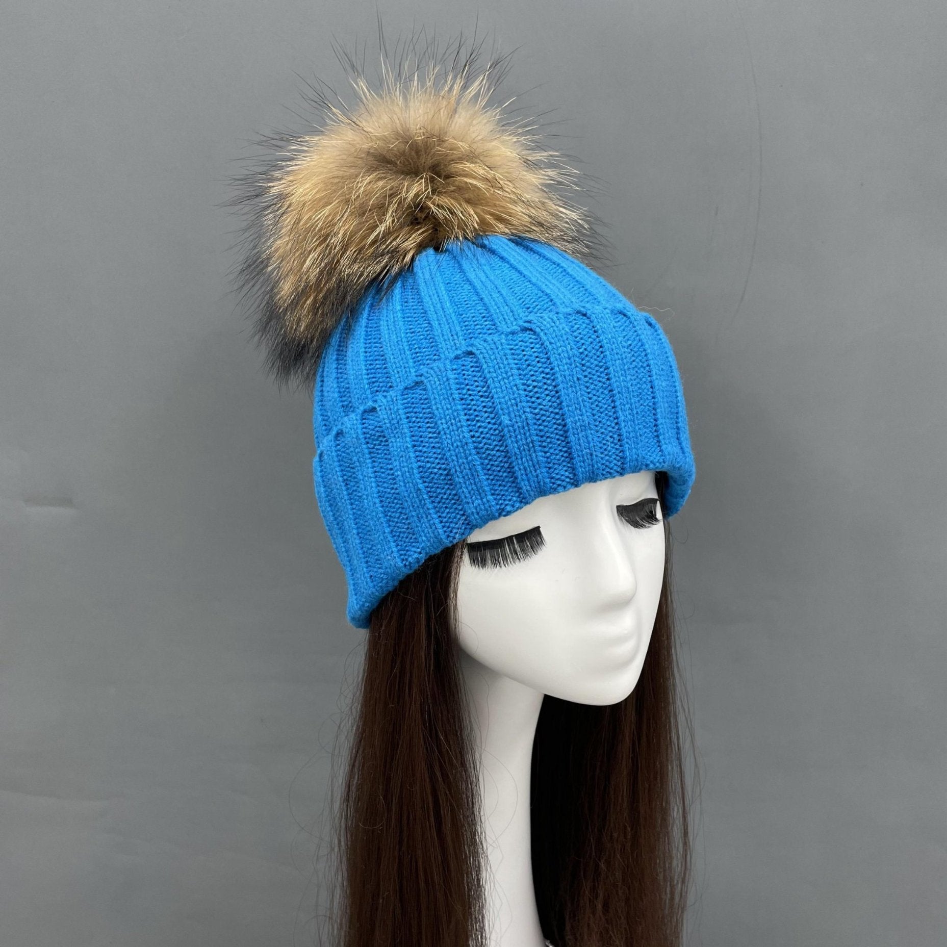 New Fall And Winter Striped With Fur Pom Pom Acrylic Hat - Janefur