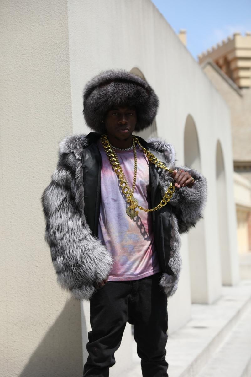 Silver fox diagonal stripe coat with a hood - Janefur