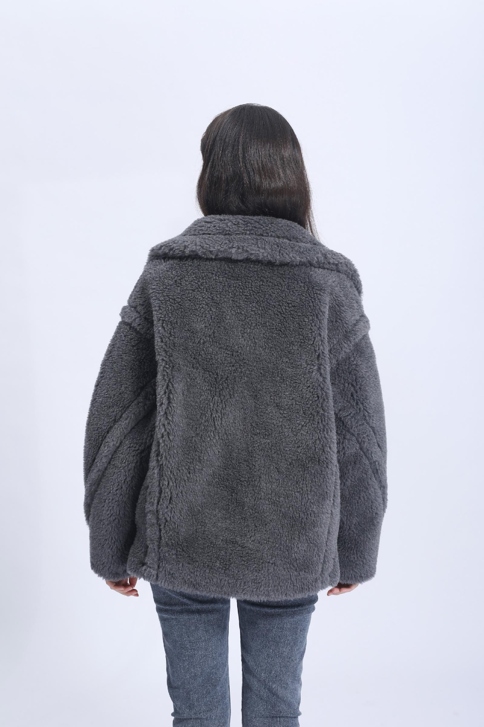 Womens' Teddy Shearling Coat with Leather Button Hem and Double-breasted Lamb Wool Jacket Spring Fur Coat - Janefur