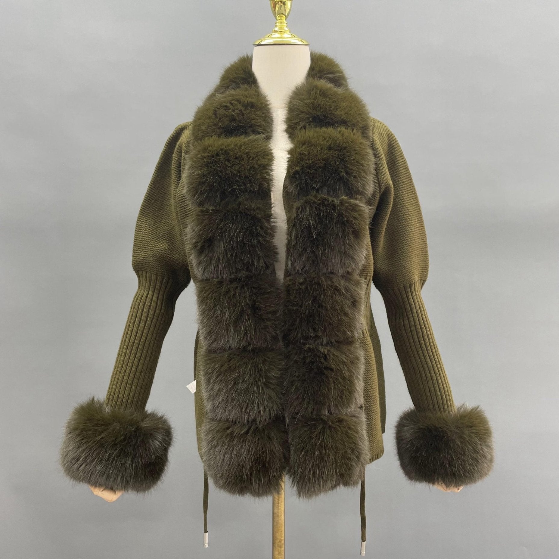 Women's Knitted Sweater Coat Cuff Placket with Eco-Fur Faux Fur - Janefur