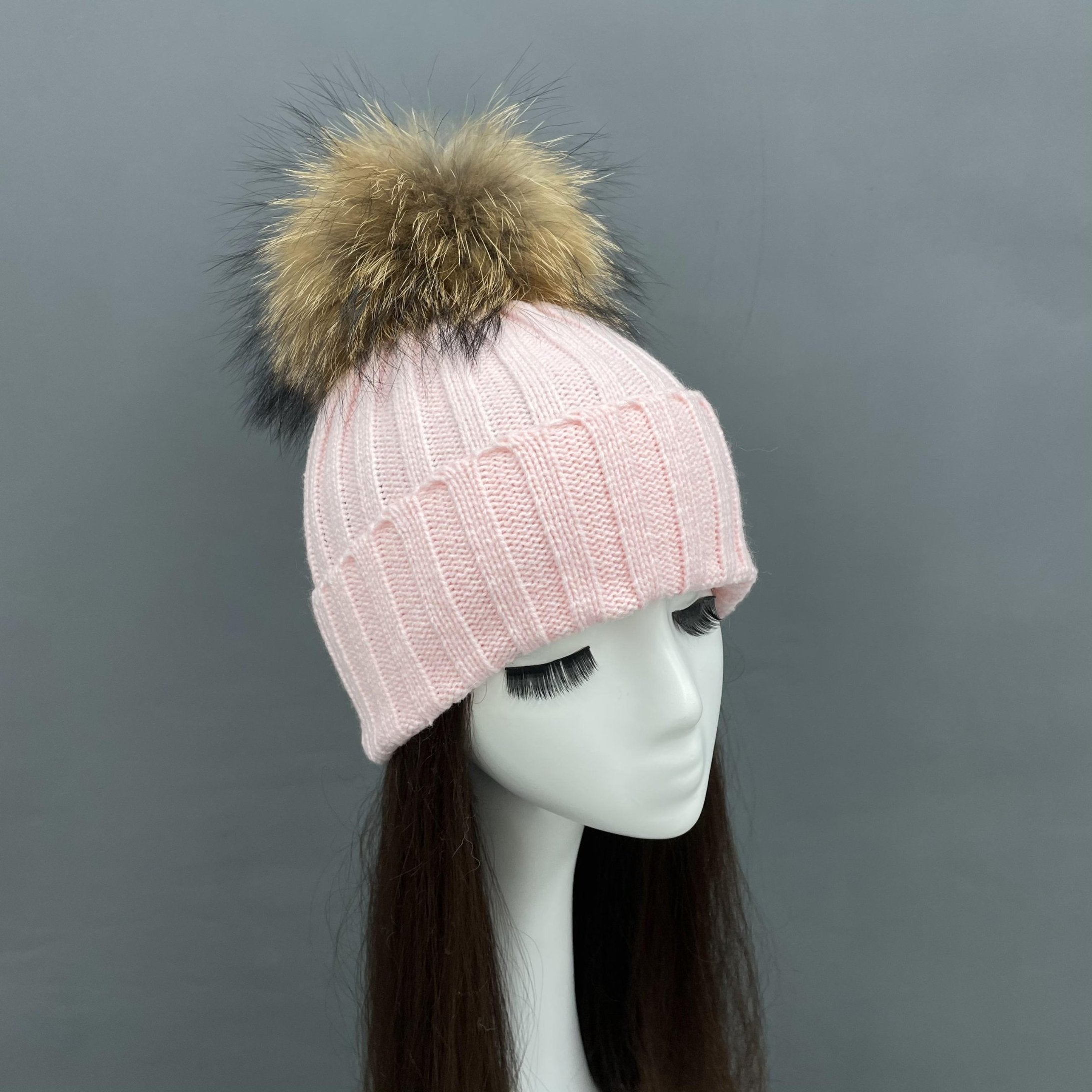 New Fall And Winter Striped With Fur Pom Pom Acrylic Hat - Janefur