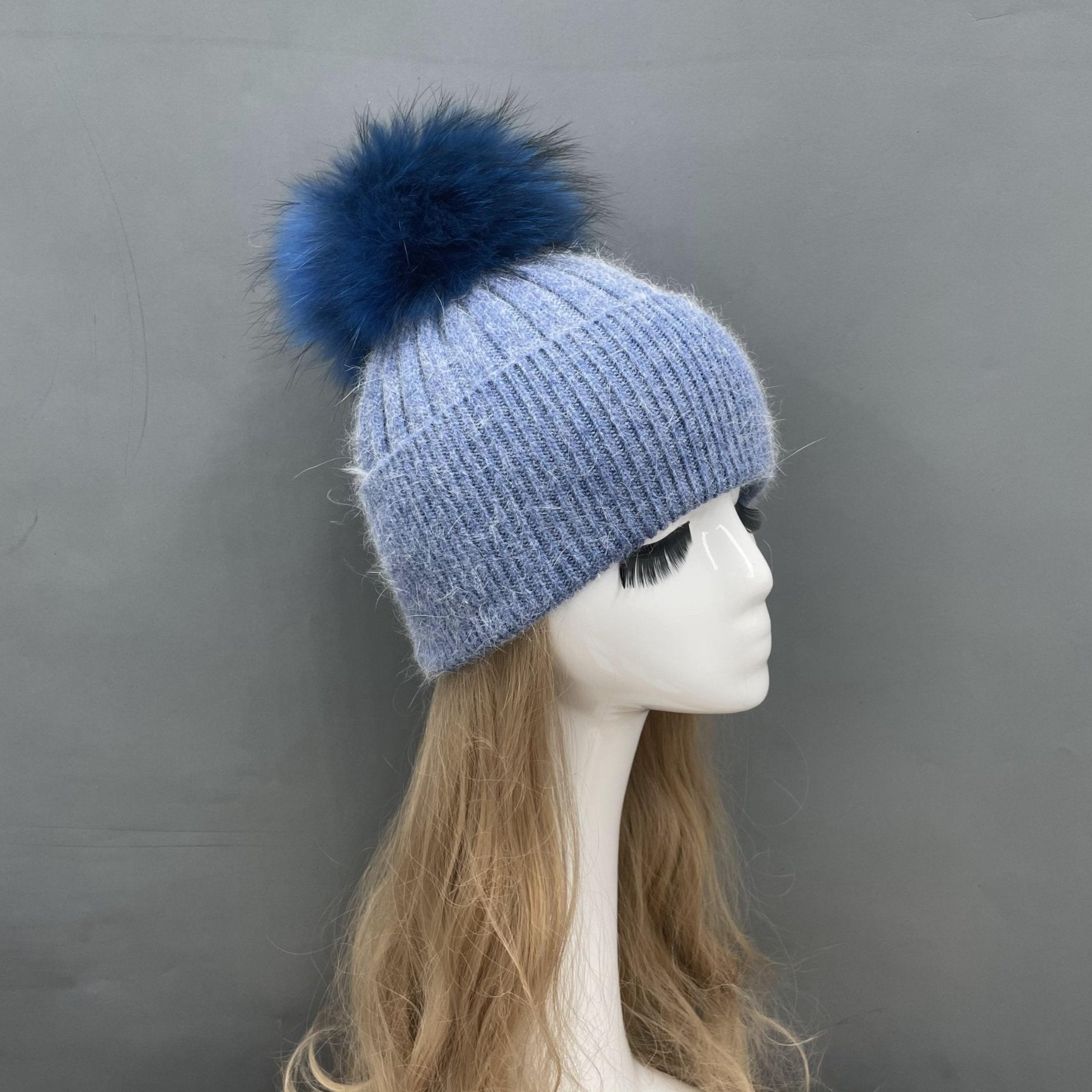 Winter Knitted Angora Beanie Hat With Removable Fur Pom Pom - Janefur