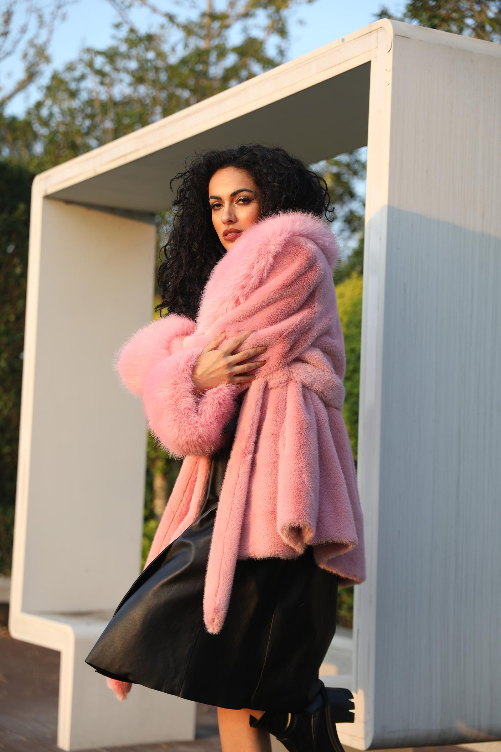 Eco-friendly Mink Fur Faux Mink Fur Shawl Collar Skirt Hem Women's Winter Coat - Janefur