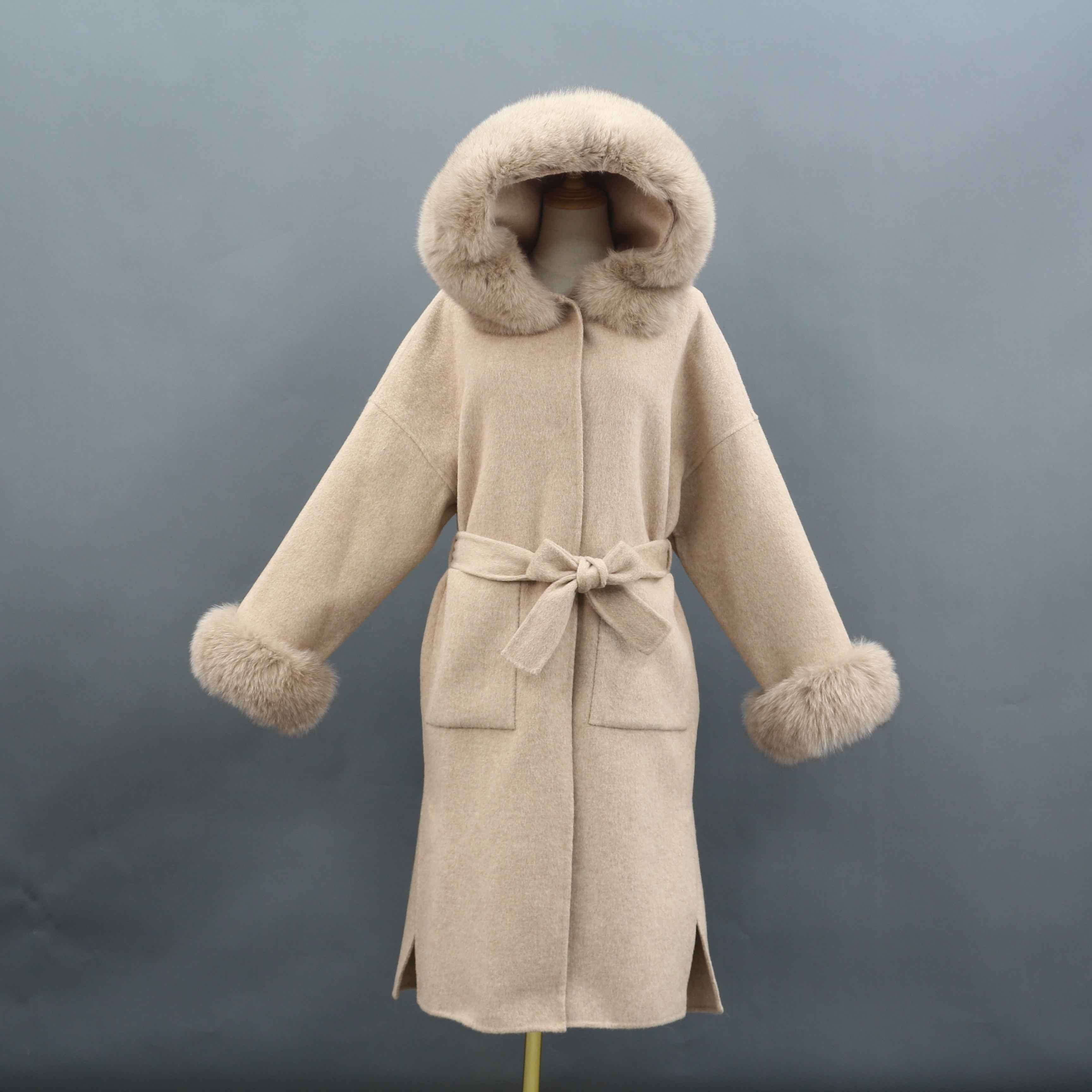 Long Double-Sided Woolen Coat with Large Pockets and Hood - Janefur