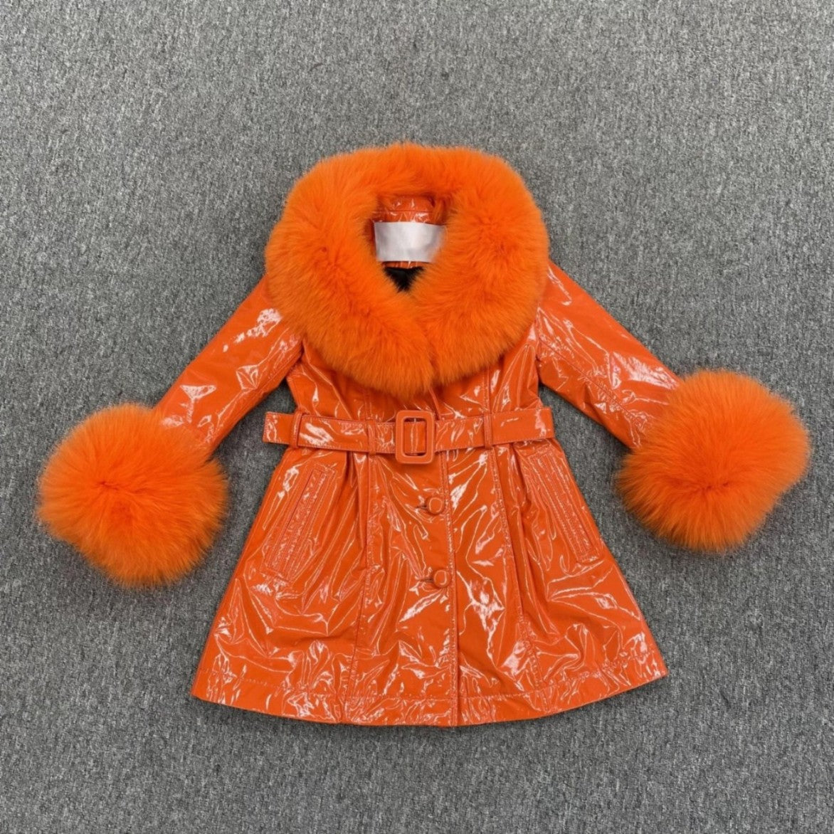 Children's Large Flip Collar Collar Terry Long Shiny Leather Jacket - Janefur