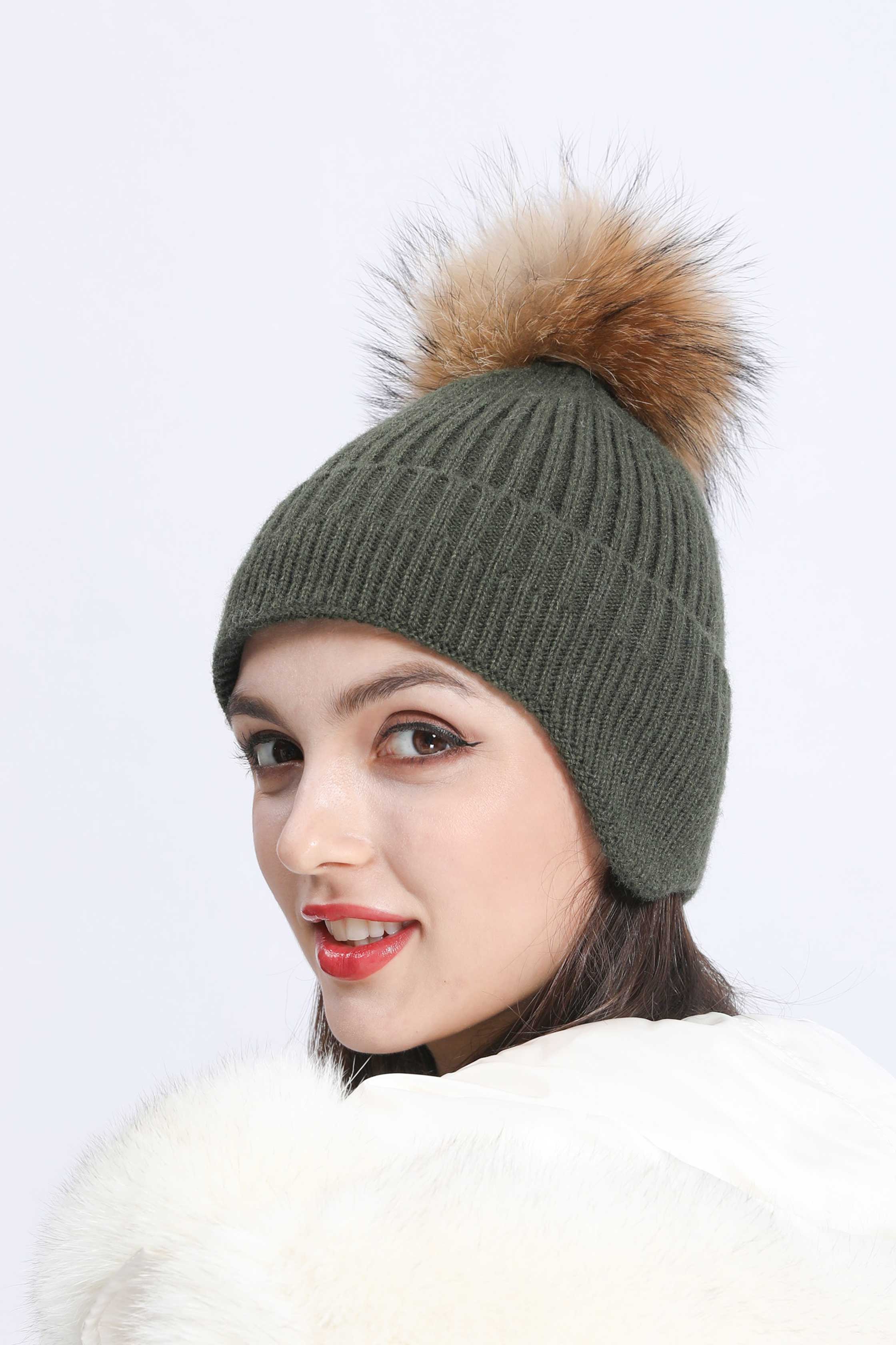 Warm Knitted Earmuff Hat Winter Women Fur Pom Pom Beanie Hat - Janefur